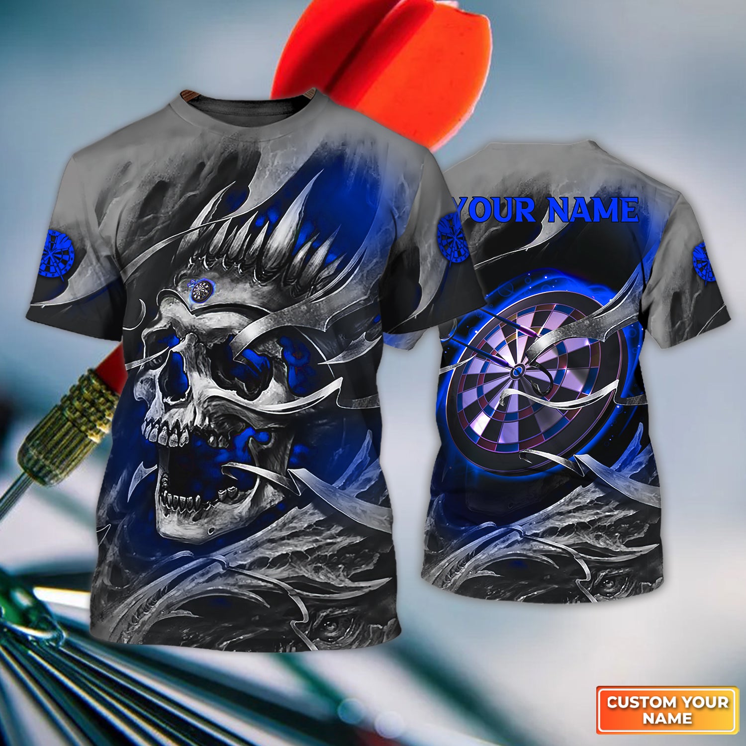 Blue Skull Dartboard Personalized Name 3D Skull And Darts Tshirt For Dart Team Player Tad