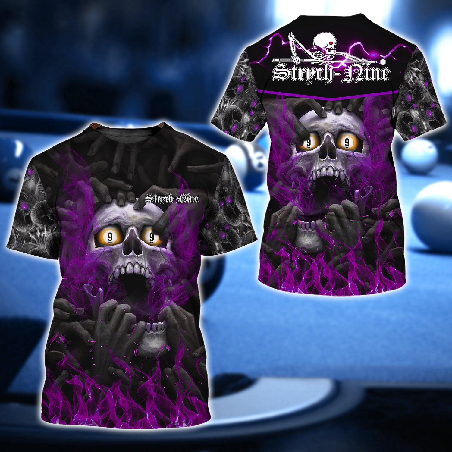 [Purple] Strych-Nine Pool 8 Ball Skull On Fire 3D Shirt - QB95