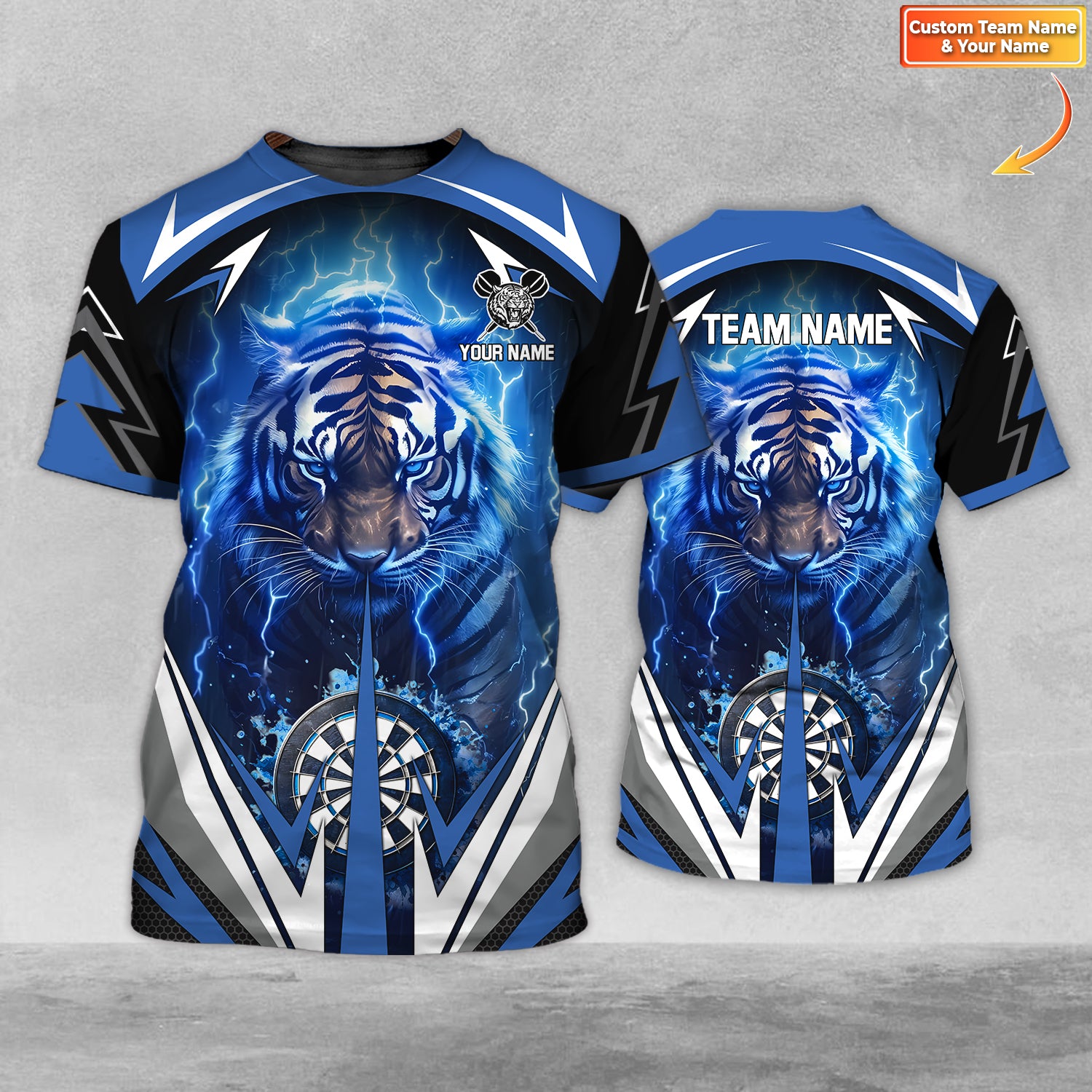 Blue Lightning Tiger Personalized Name & Team Name 3D Shirts For Dart Team Player Tad