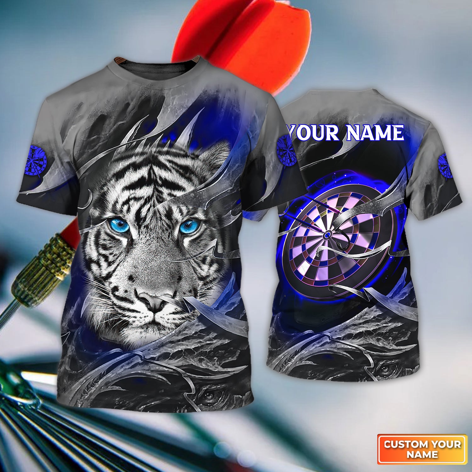 Blue Bullseye Dartboard Personalized Name & Team Name 3D Tiger And Darts Shirts For Dart Team Player Tad