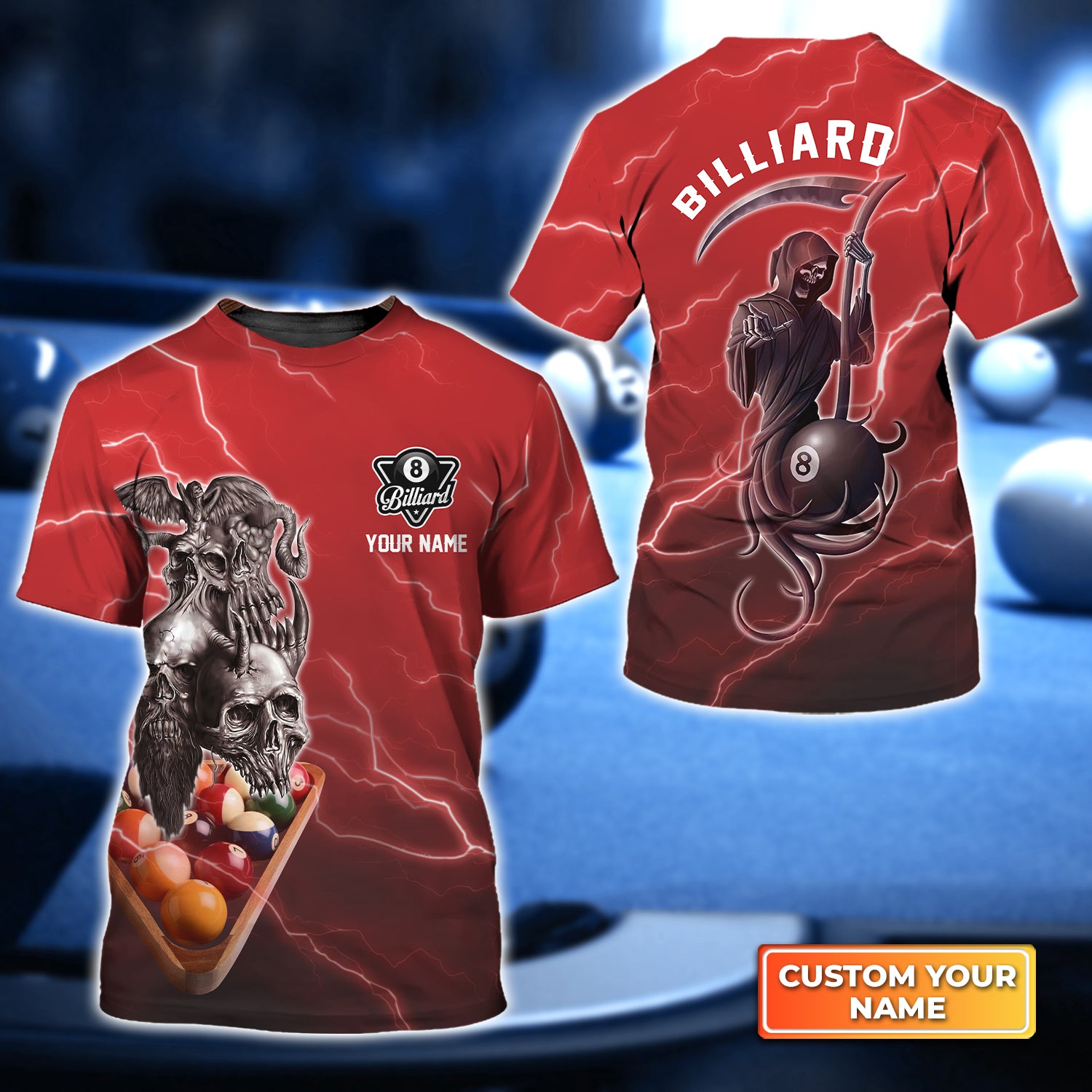 Pool 8 Ball Death In Red Lightning Personalized Name 3D Tshirt QB95 Gift Billiard Players