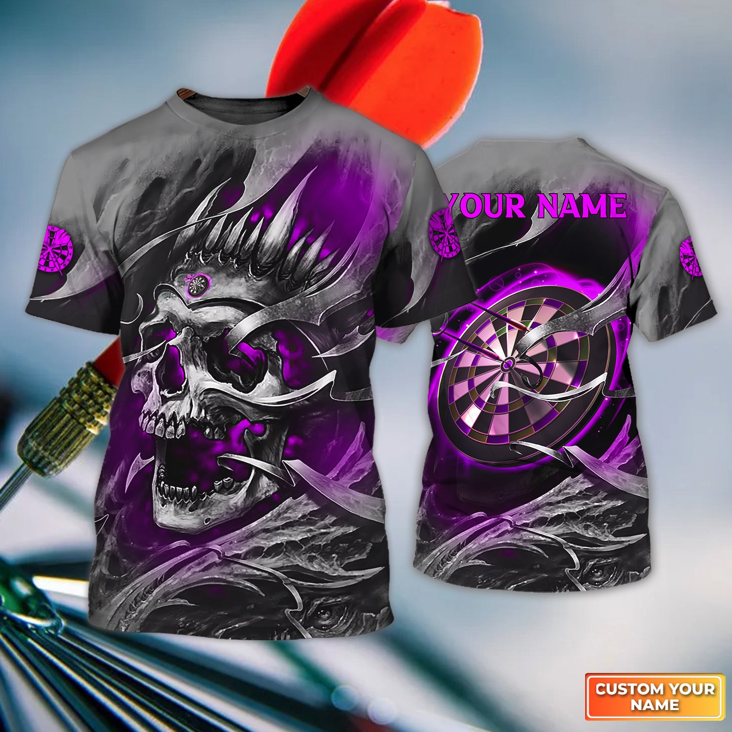 Purple Skull Dartboard Personalized Name 3D Skull And Darts Tshirt For Dart Team Player Tad