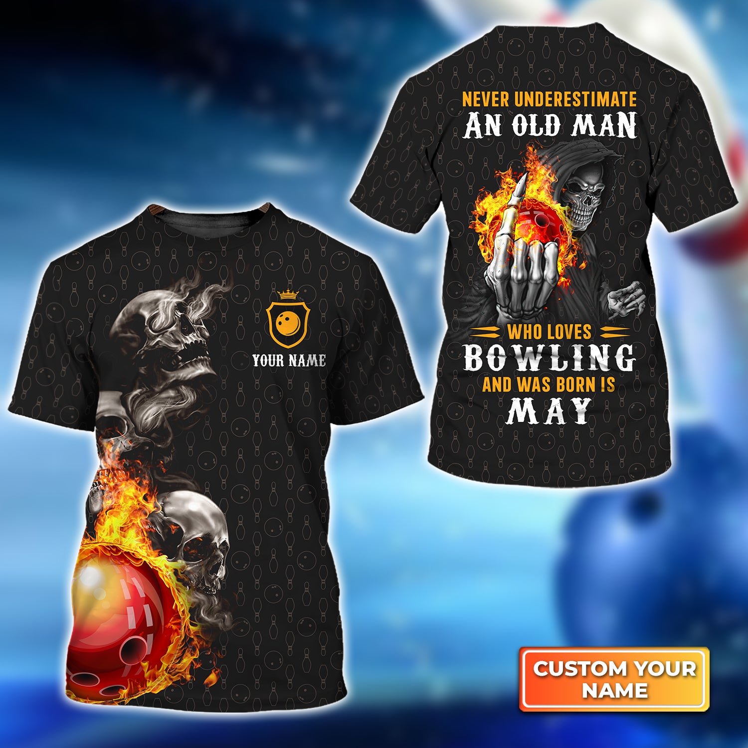 Bowling Skull Never Underestimate An Old Man Who Loves Bowling And Was Born In May Personalized Name 3D Tshirt QB95