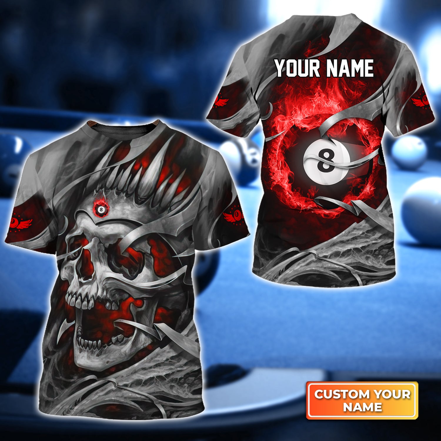 Grim Reaper Billiard Red Skull Personalized Name 3D Tshirt Gift For Billiard Players QB95