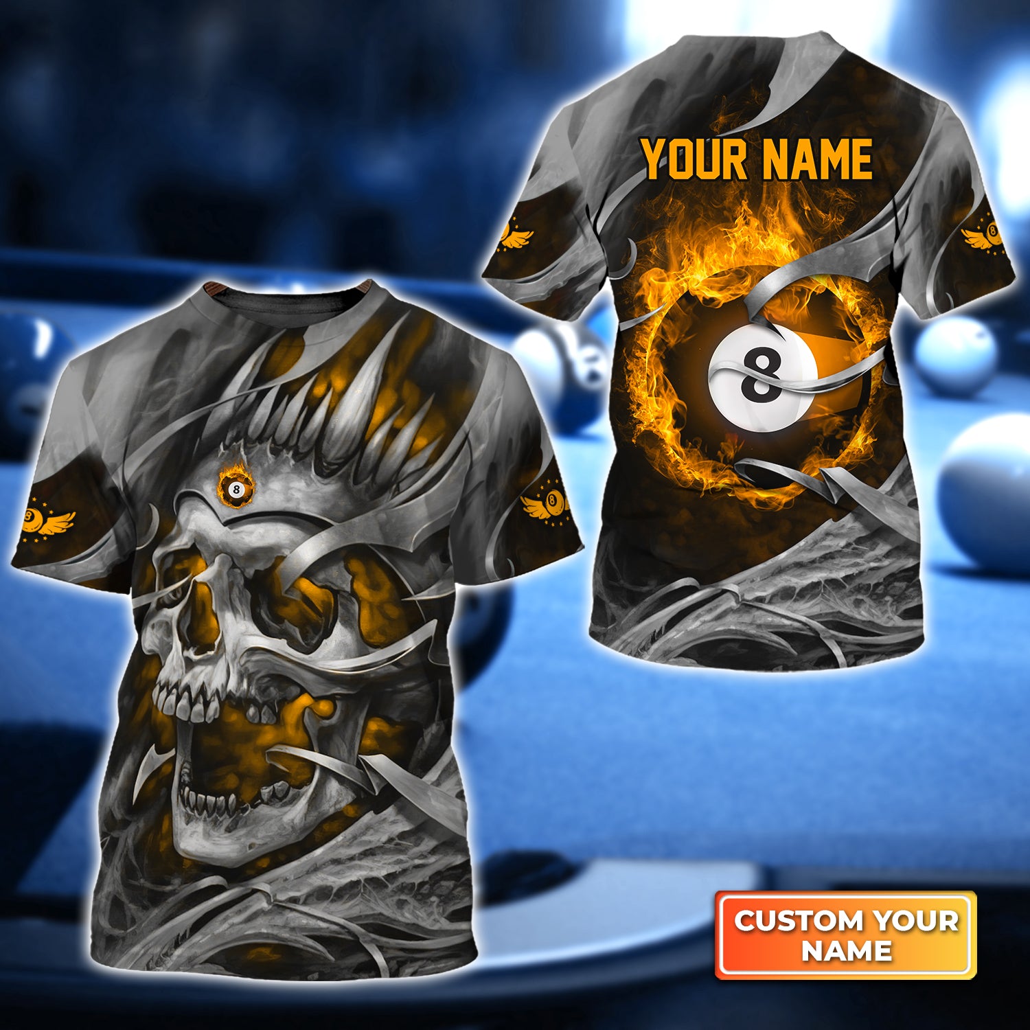 Yellow Skull Reaper Pool 8 Ball Personalized Name 3D Tshirt Gift For Billiard Players QB95