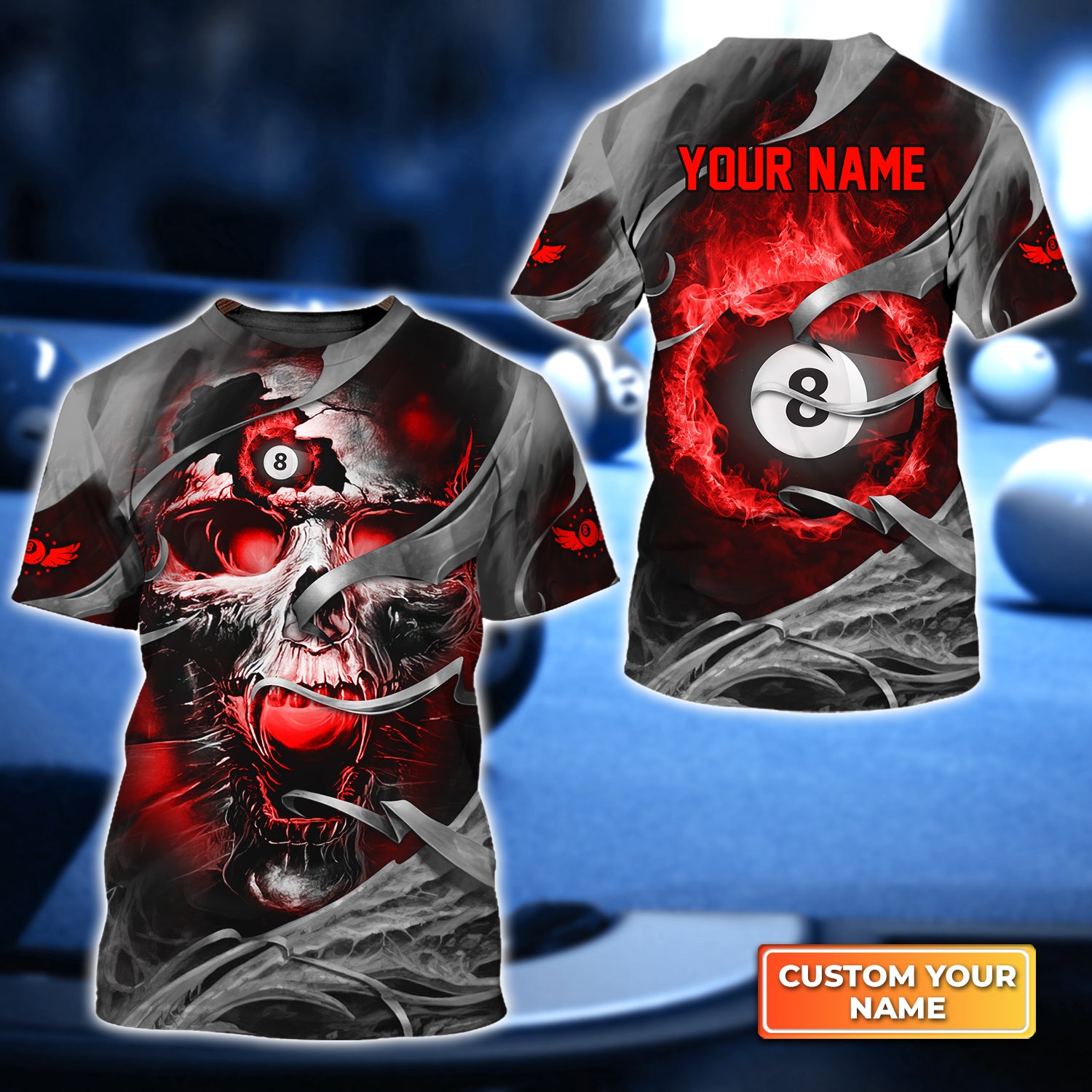 Red Skull Reaper Pool 8 Ball Personalized Name 3D Tshirt Gift For Billiard Players QB95