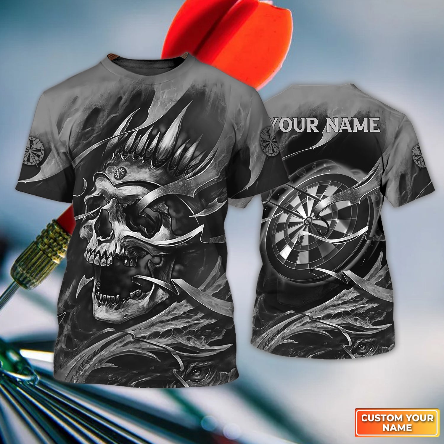 Gray Skull Dartboard Personalized Name 3D Skull And Darts Tshirt For Dart Team Player Tad