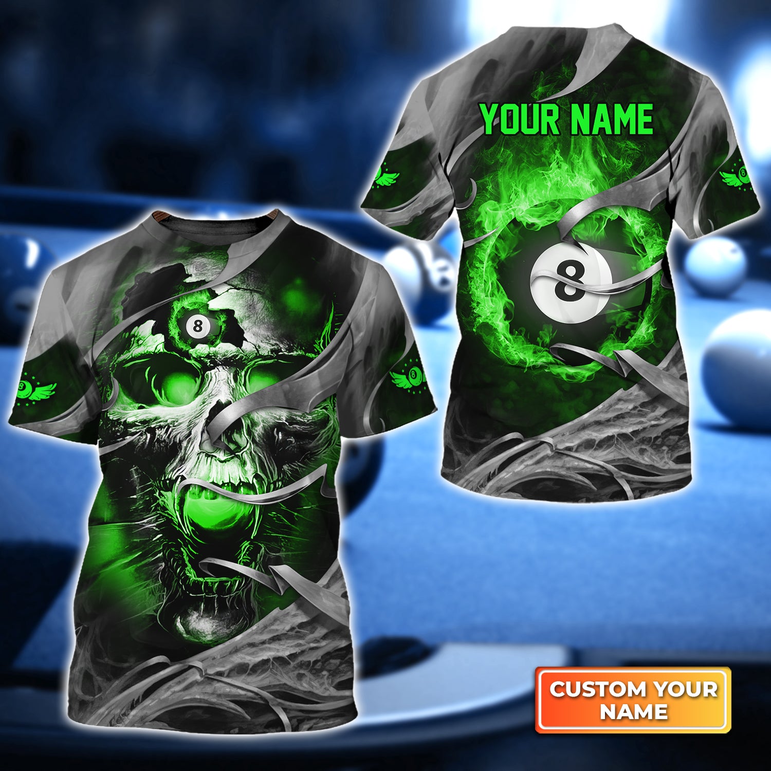 Green Skull Reaper Pool 8 Ball Personalized Name 3D Tshirt Gift For Billiard Players QB95