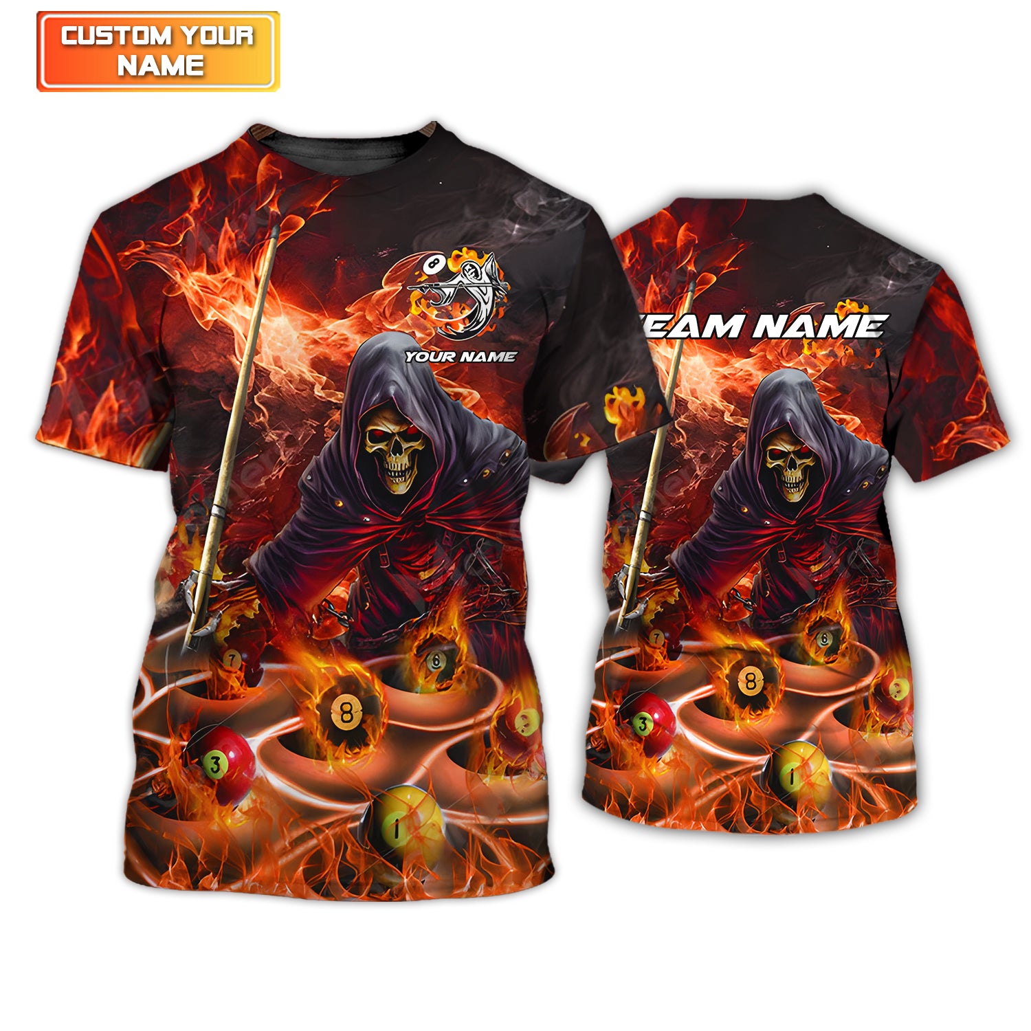 Skull Fire Billiards Personalized Name & Team Name 3D Shirts Gift For Billiard Players Tad