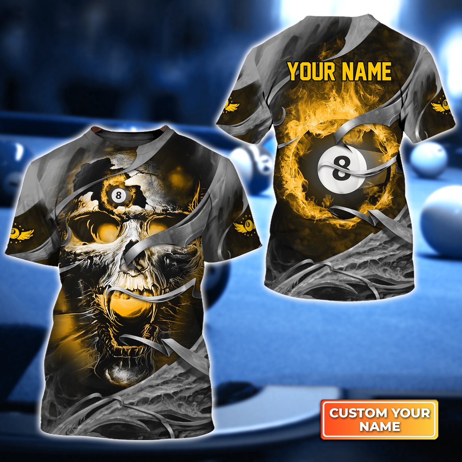 Billiard Pool 8 Ball Skull Reaper Yellow Fire On Metal Pattern Personalized Name 3D Tshirt Gift For Billiard Players QB95