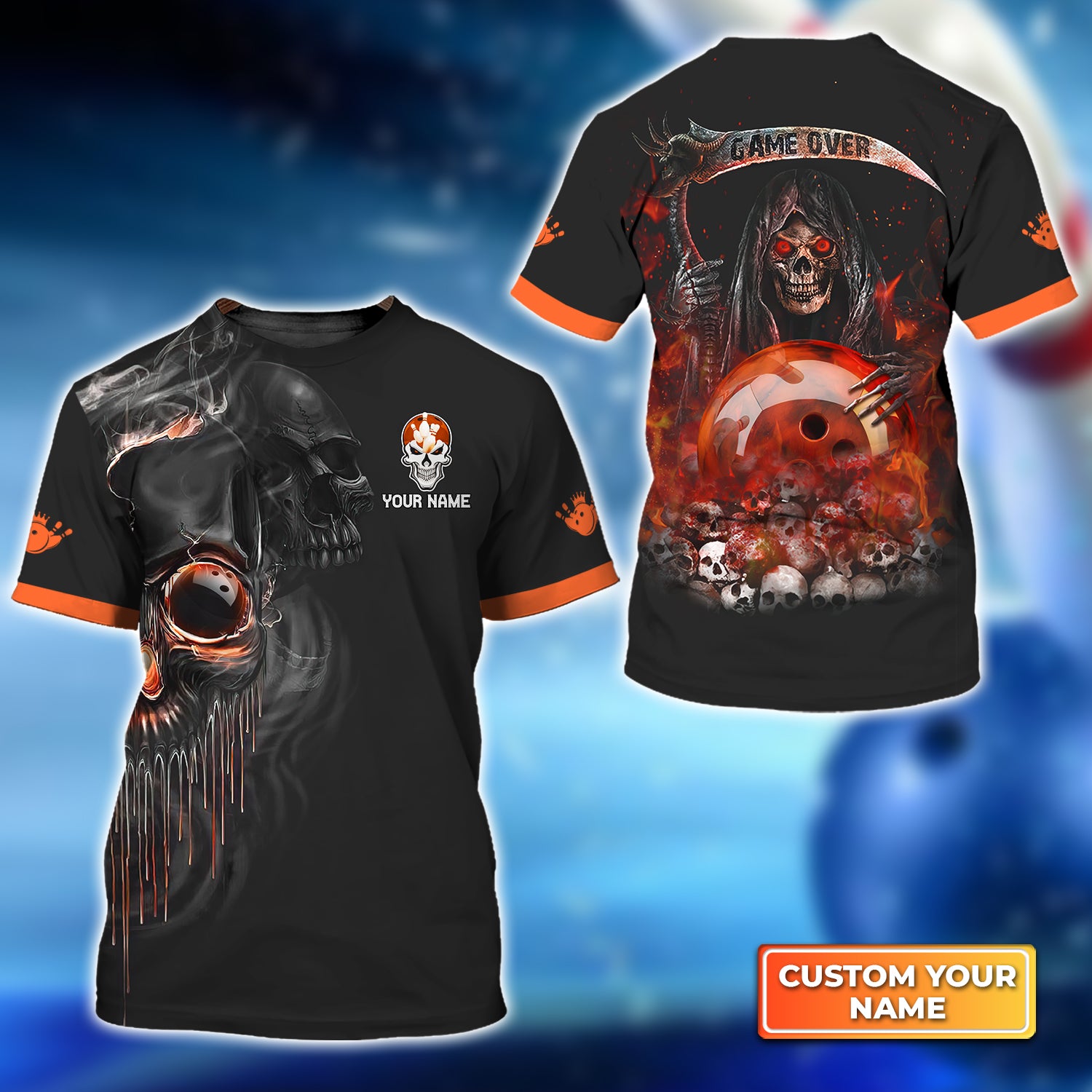 Orange Grim Reaper Bowling Personalized Name 3D Tshirt QB95 Gift For Bowler