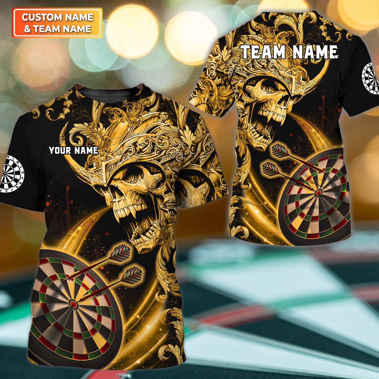 Darts Warrior Gold Personalized Name & Team Name 3D Shirts For Dart Team Player Tad