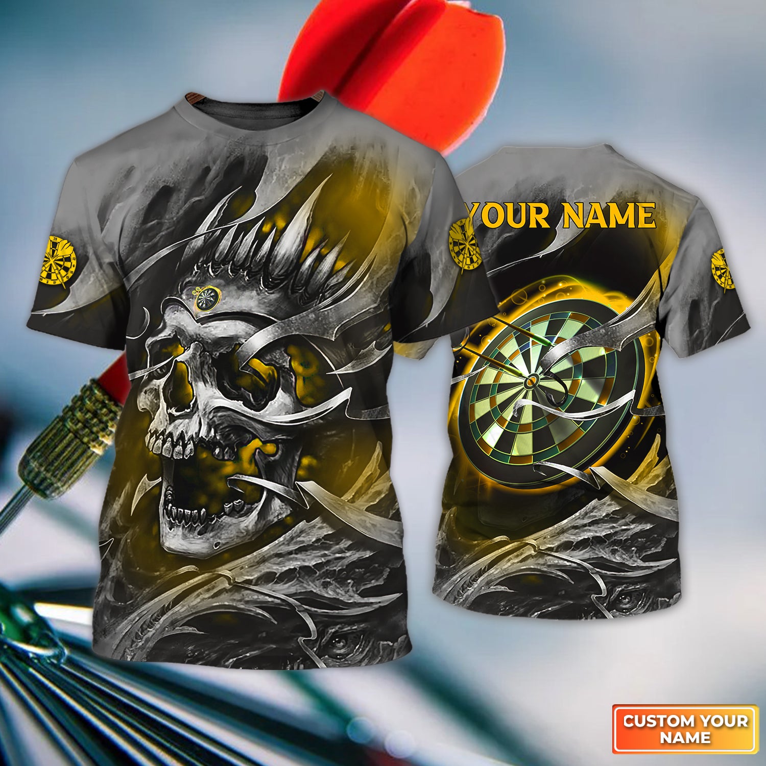 Gold Skull Dartboard Personalized Name 3D Skull And Darts Tshirt For Dart Team Player Tad