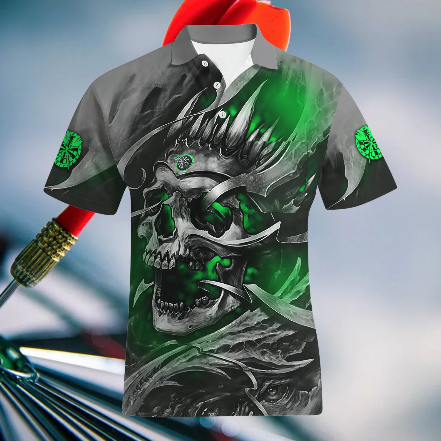 Green Skull Dartboard Personalized Name 3D Skull And Darts Polo With Pocket Shirt For Dart Team Player Tad