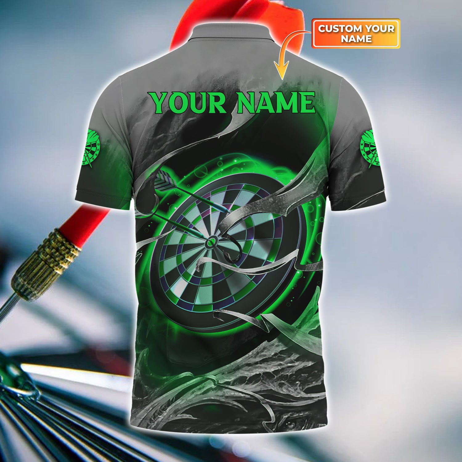 Green Skull Dartboard Personalized Name 3D Skull And Darts Polo With Pocket Shirt For Dart Team Player Tad