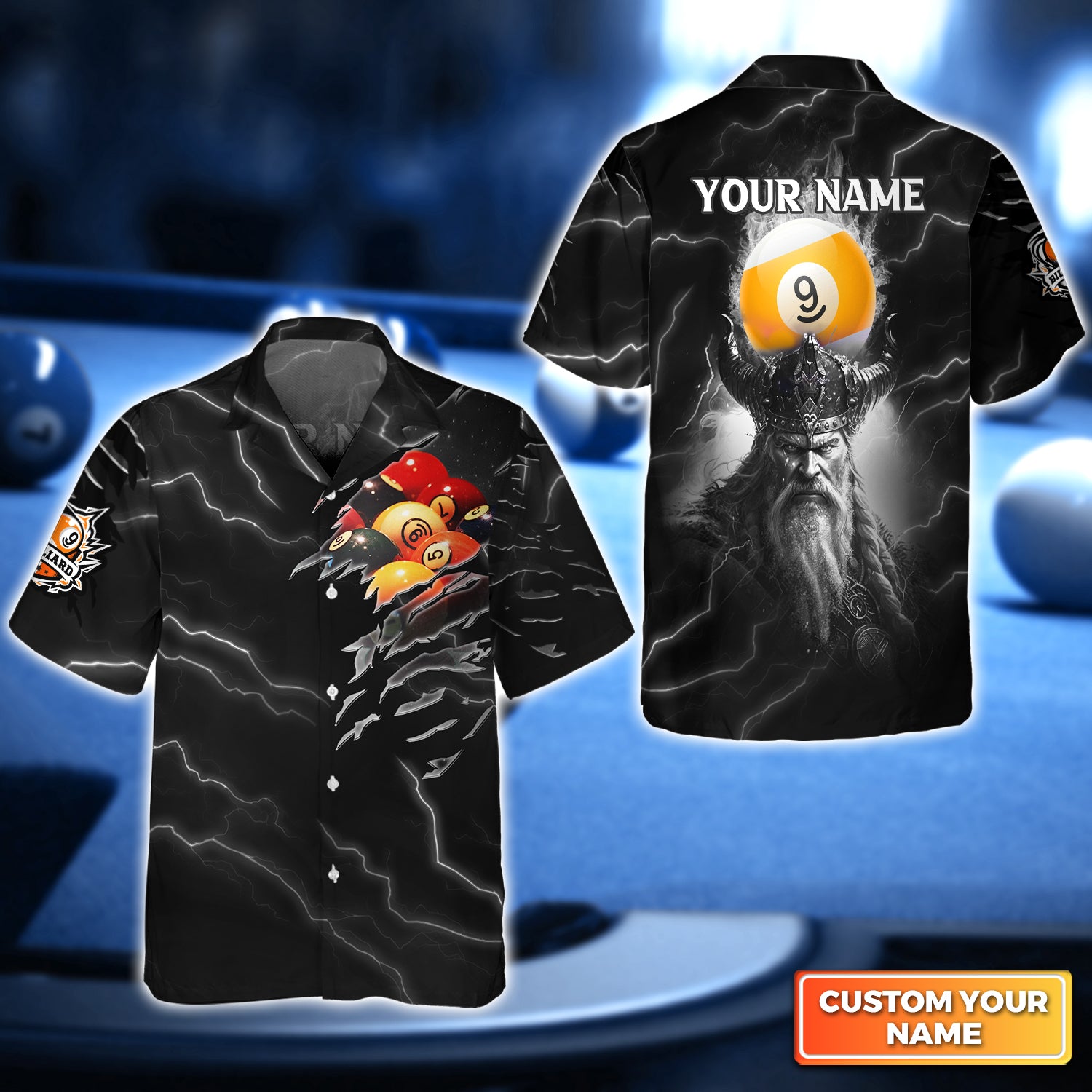 Thunder Viking Billiard Pool 9 Ball Personalized Name 3D Hawaiian Shirt For Billiard Players QB95