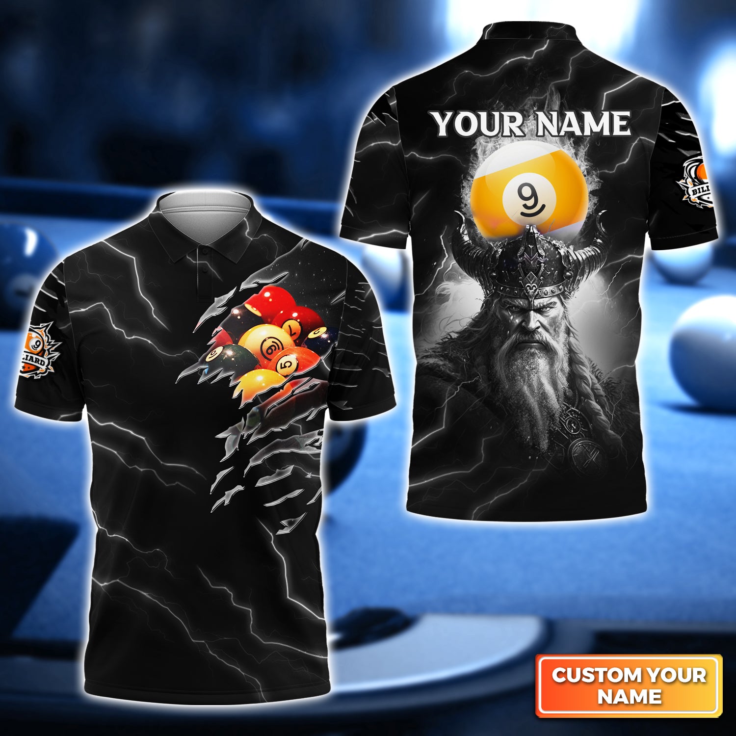 Thunder Viking Billiard Pool 9 Ball Personalized Name 3D Polo Shirt Gift For Billiard Players QB95