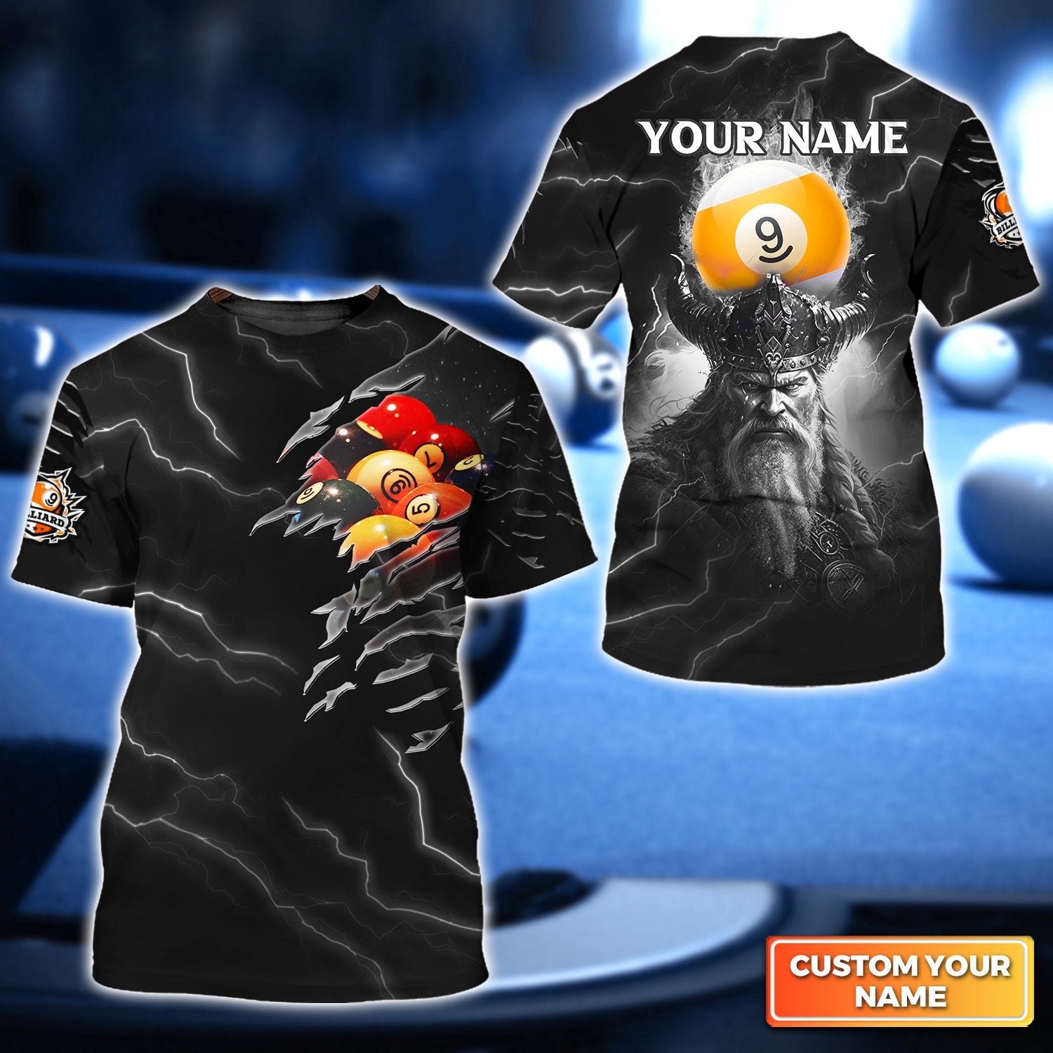 Thunder Viking Billiard Pool 9 Ball Personalized Name 3D Tshirt Gift For Billiard Players QB95