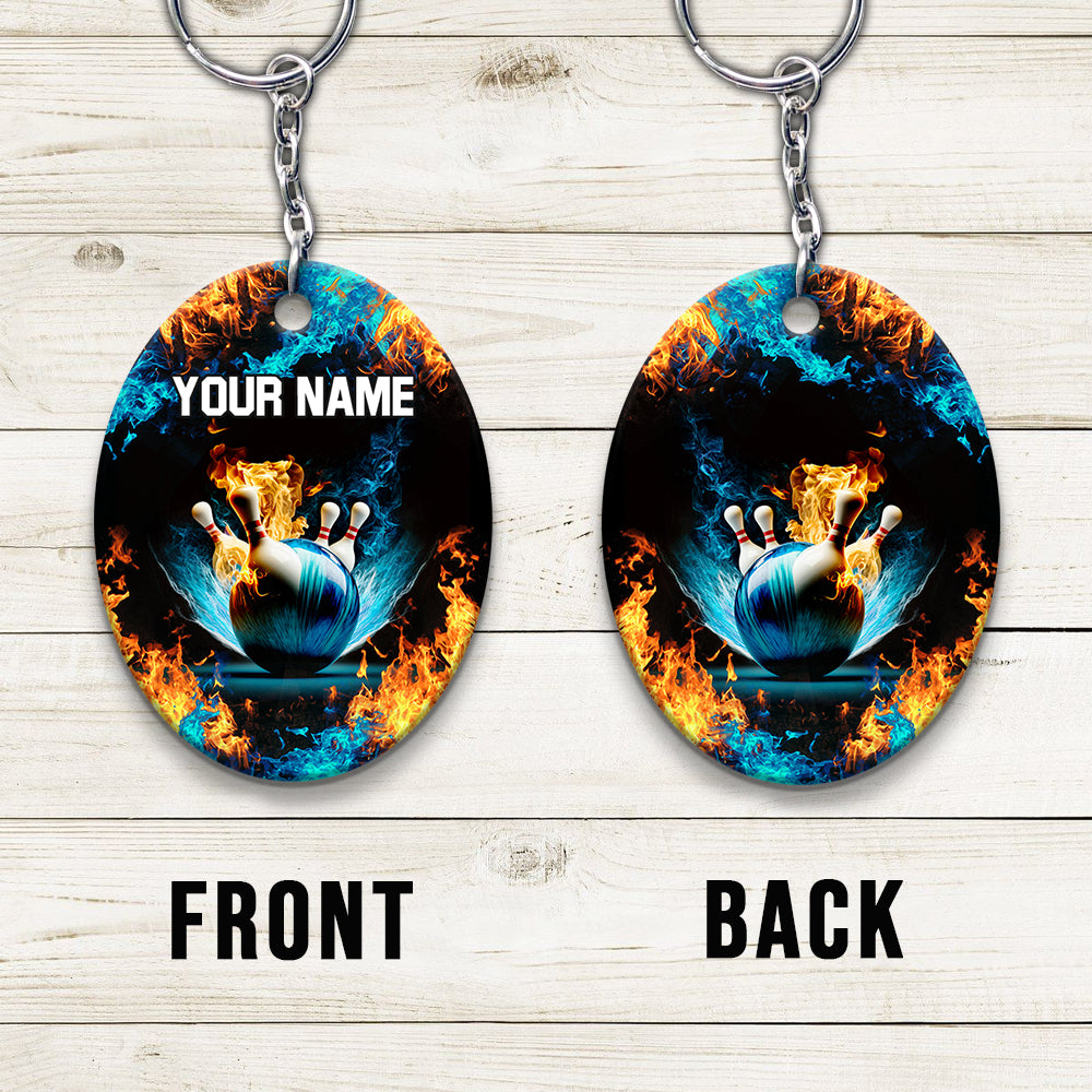 Blue Bowling Ball And Pins On Fire Personalized Name 3D Keychain