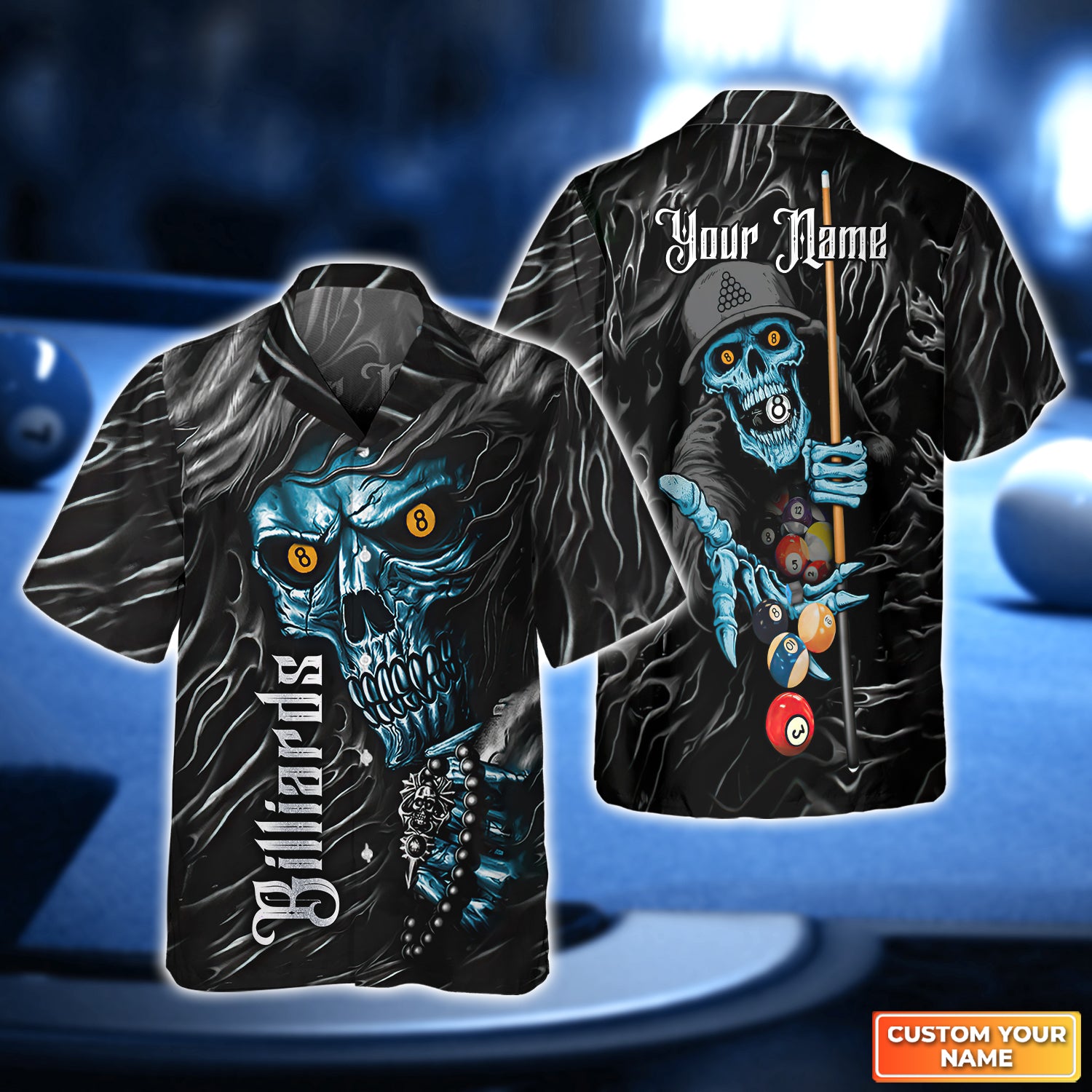 Billiard Skull Blue Pool 8 Ball Personalized Name 3D Hawaiian Shirt For Billiard Players QB95