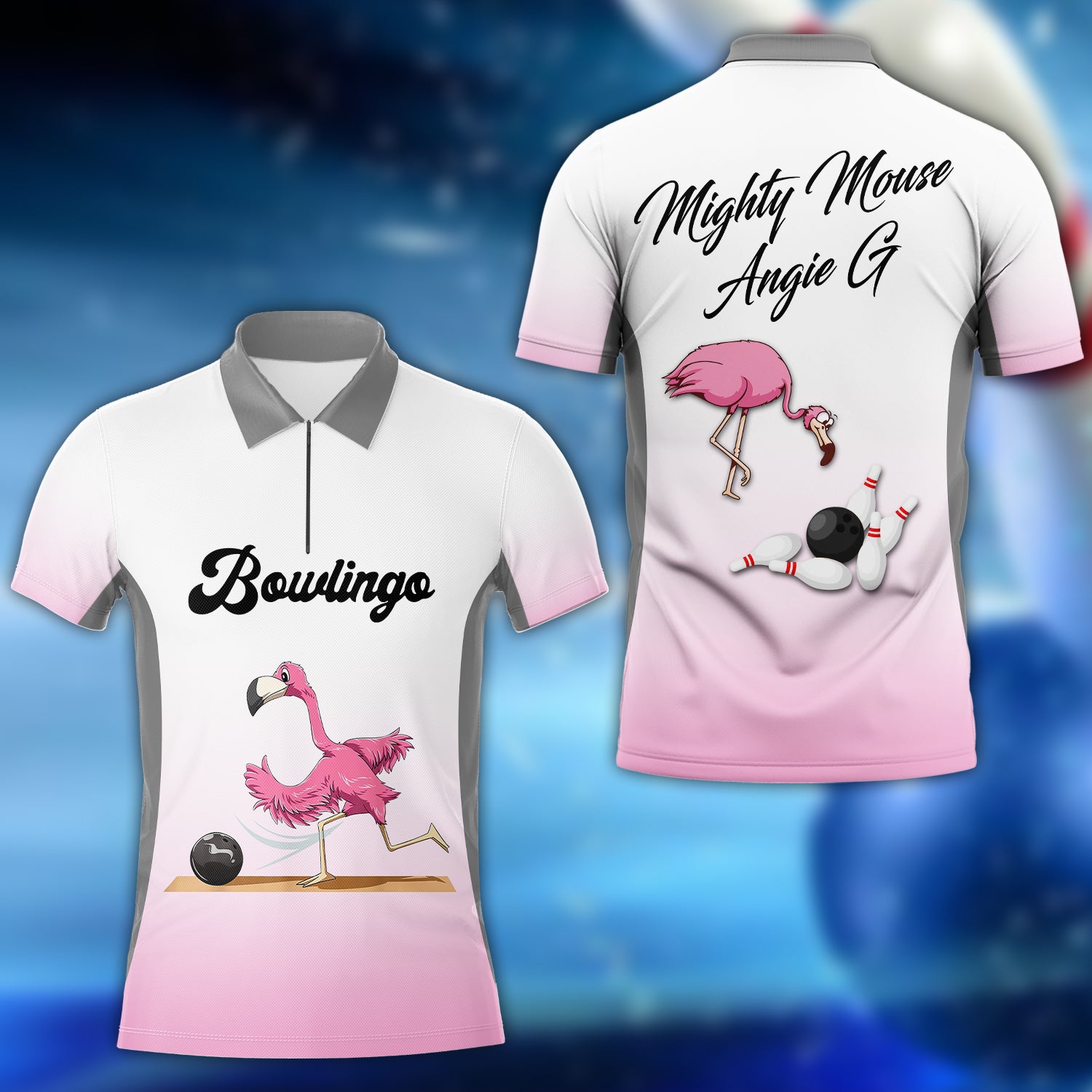 Bowling Flamingo Mighty Mouse Angie G 3D Zipper Polo Shirt