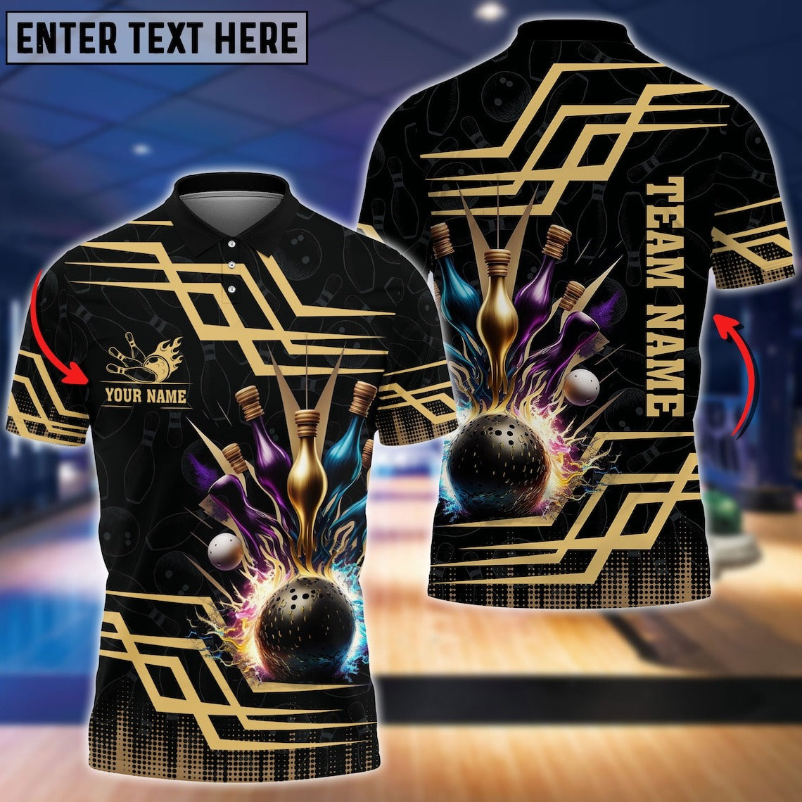 Bowling And Pins Royal Gold Color Option Personalized Name & Team Name 3D Shirts Tad Gift For Bowler