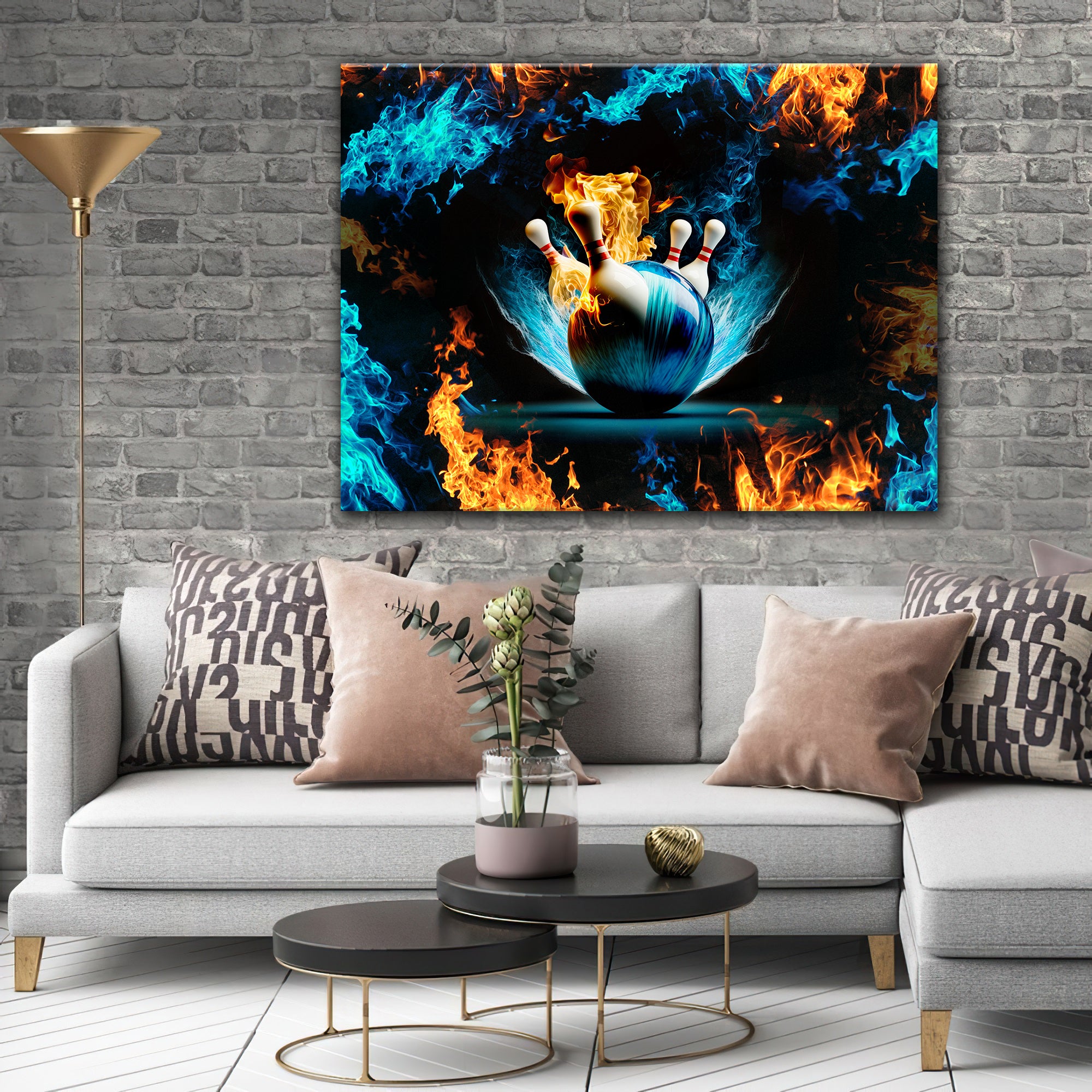 Blue Bowling Ball And Pins On Fire Graphic Printed Canvas Bowl Game Living Room Decor Gift For Bowlers