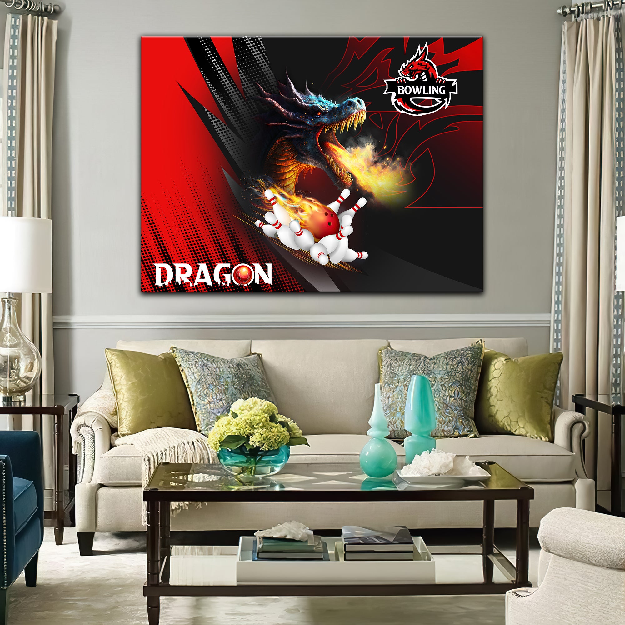 Dragon Team Red Bowling Ball On Fire Graphic Printed Canvas Bowl Game Living Room Decor Gift For Bowlers