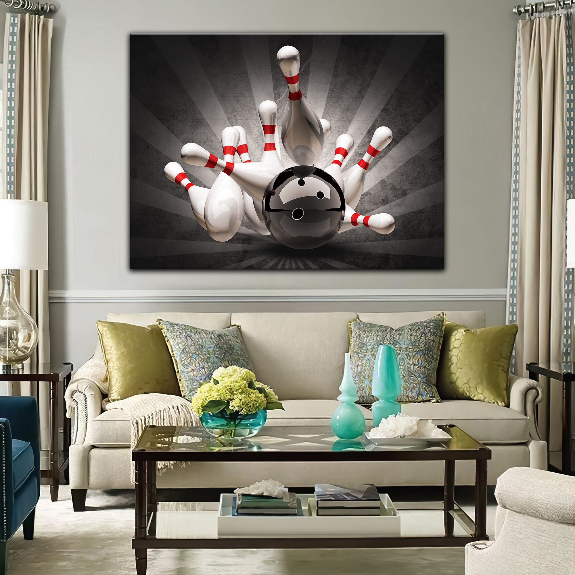 Bowling Ball Crashing Into The Pins On Vintage Graphic Printed Canvas Bowl Game Living Room Decor Gift For Bowlers