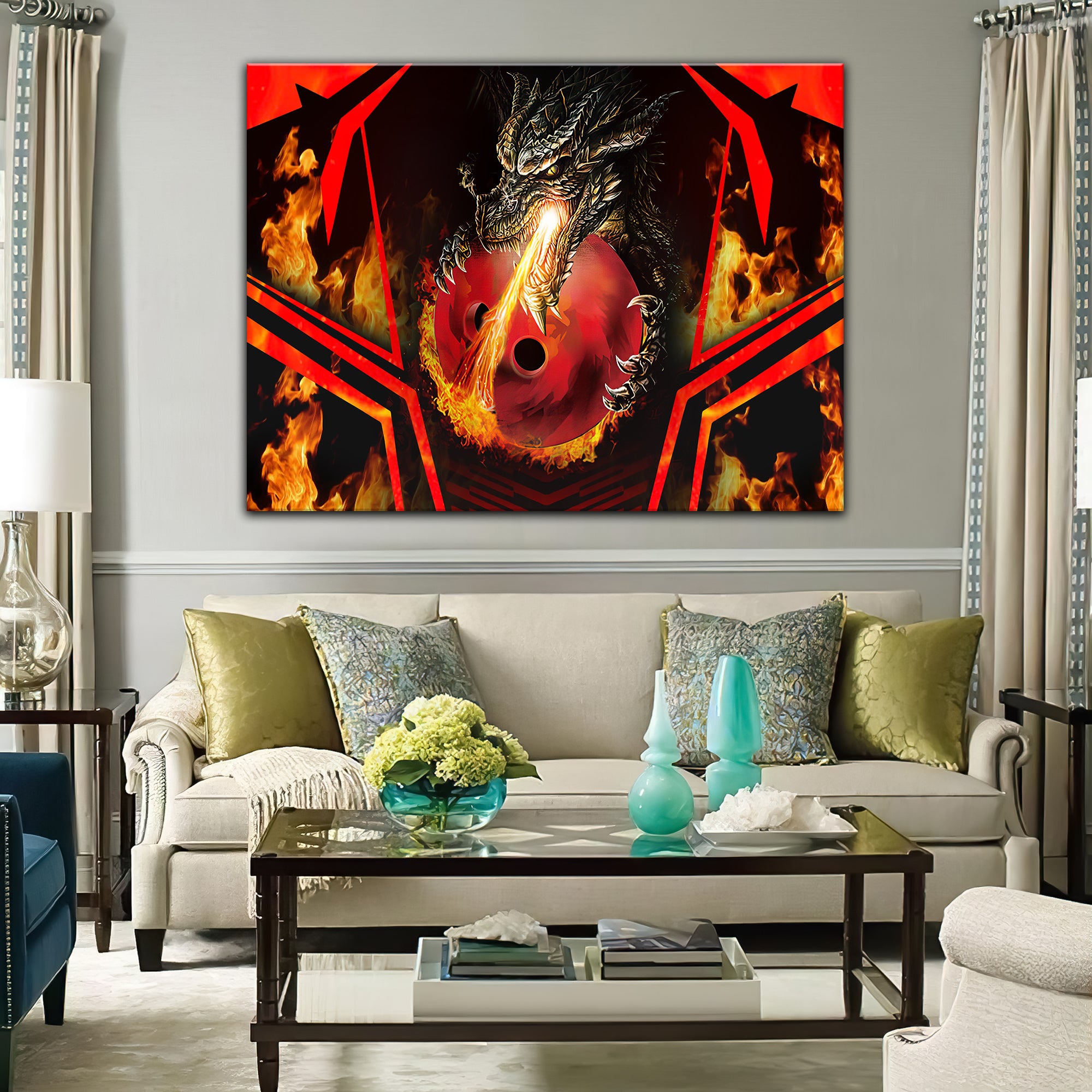 Dragon Fire Flame Graphic Printed Canvas Bowl Game Living Room Decor Gift For Bowlers