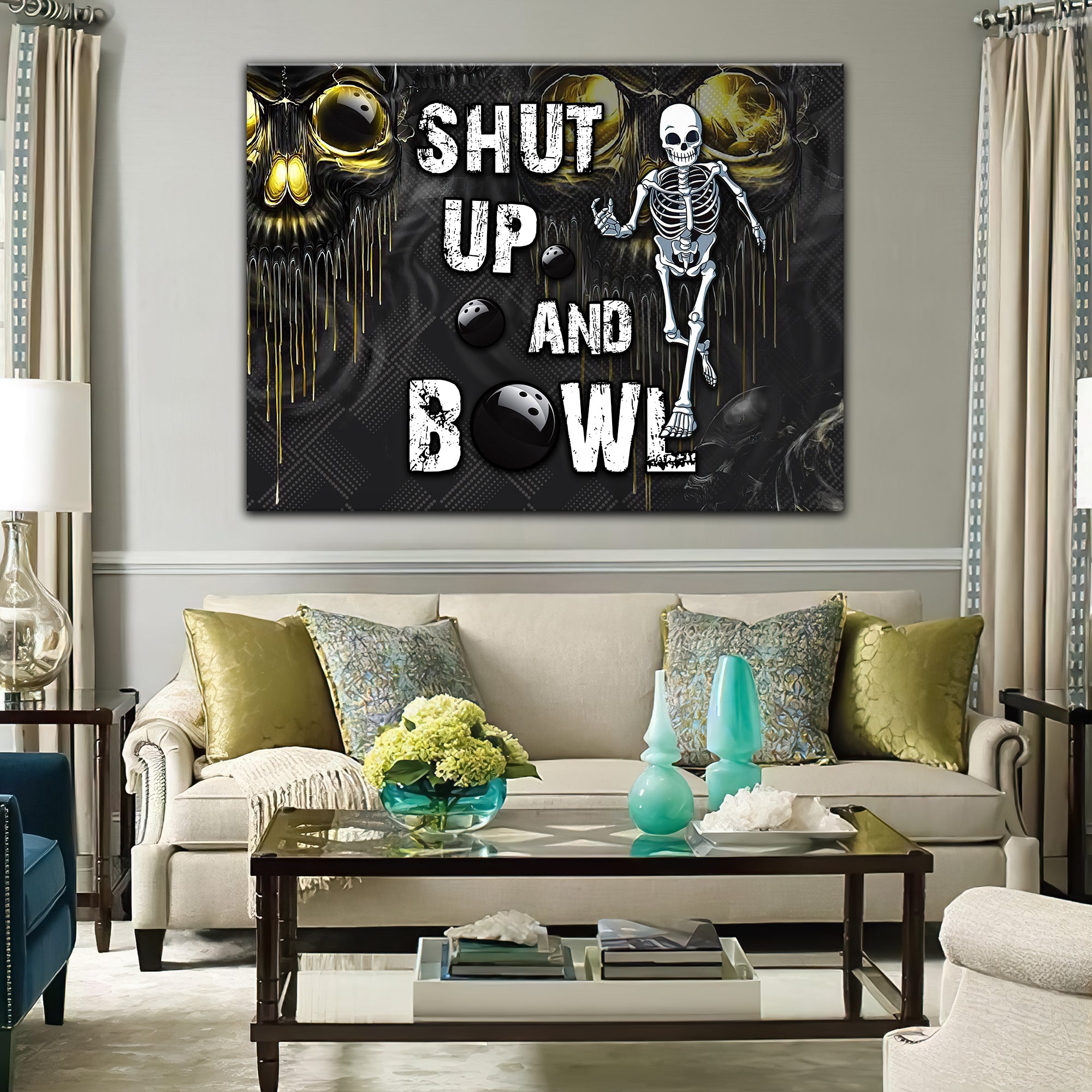 Shut Up And Bowl Golden Skull Graphic Printed Canvas Bowl Game Living Room Decor Gift For Bowlers