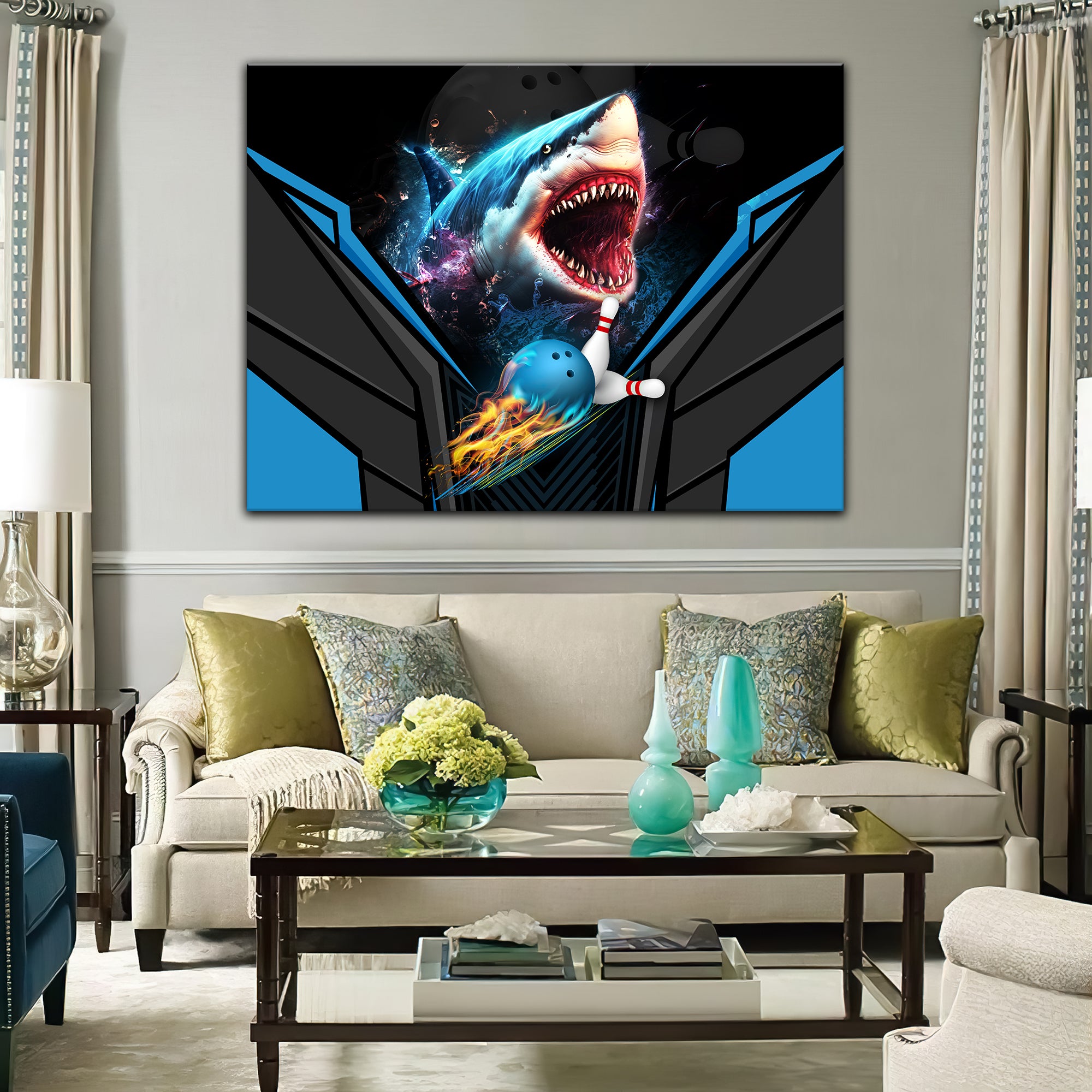 Shark Team Blue Bowling Ball Graphic Printed Canvas Bowl Game Living Room Decor Gift For Bowlers