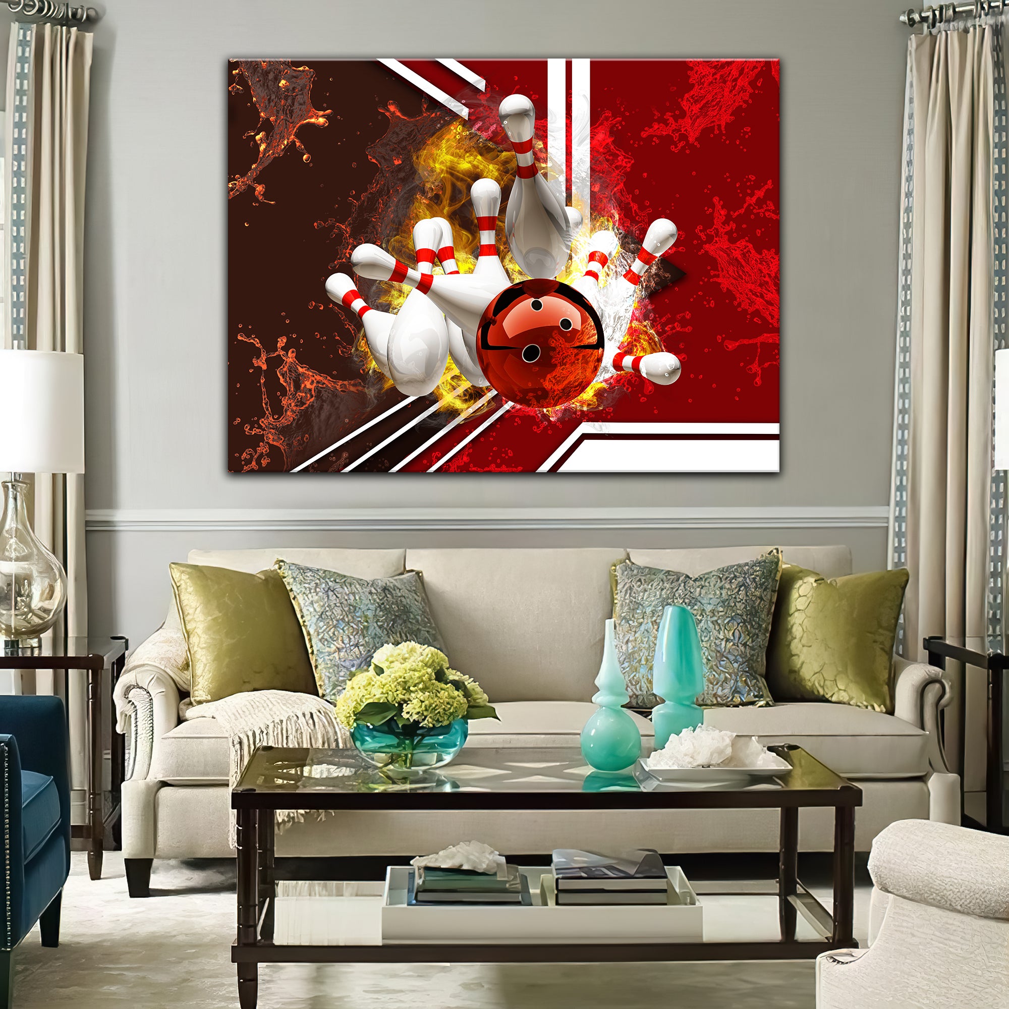 Red Bowling Ball On Fire Crashing Pins Graphic Printed Canvas Bowl Game Living Room Decor Gift For Bowlers