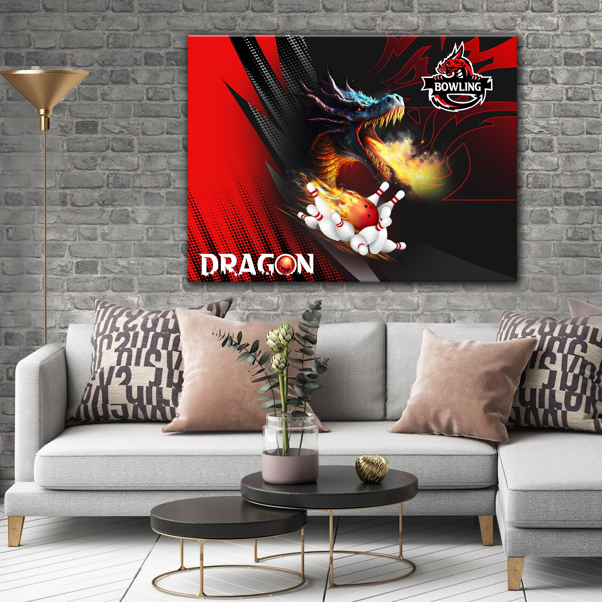 Dragon Team Red Bowling Ball On Fire Graphic Printed Canvas Bowl Game Living Room Decor Gift For Bowlers