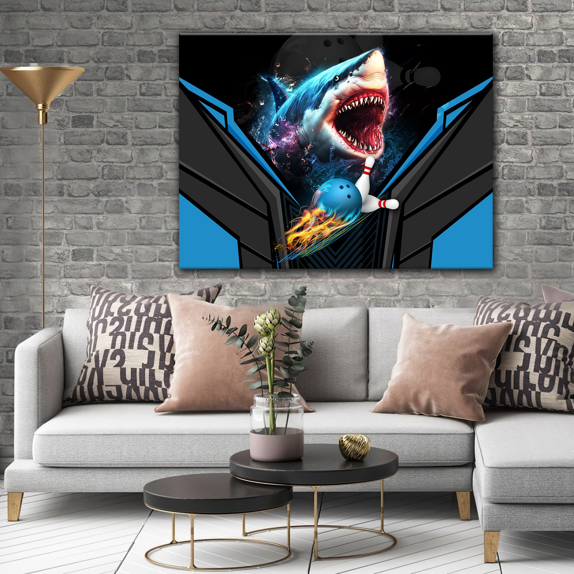 Shark Team Blue Bowling Ball Graphic Printed Canvas Bowl Game Living Room Decor Gift For Bowlers