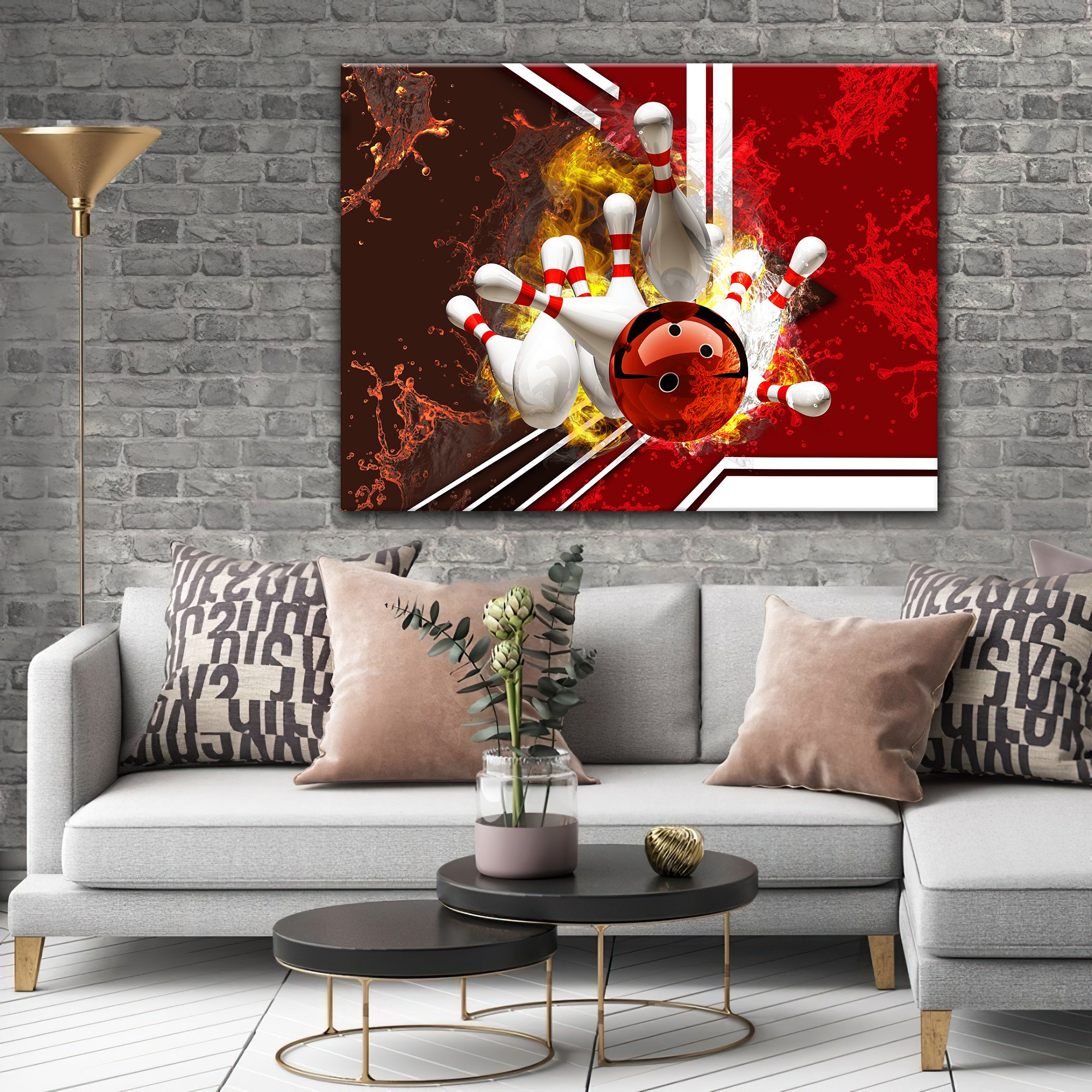 Red Bowling Ball On Fire Crashing Pins Graphic Printed Canvas Bowl Game Living Room Decor Gift For Bowlers