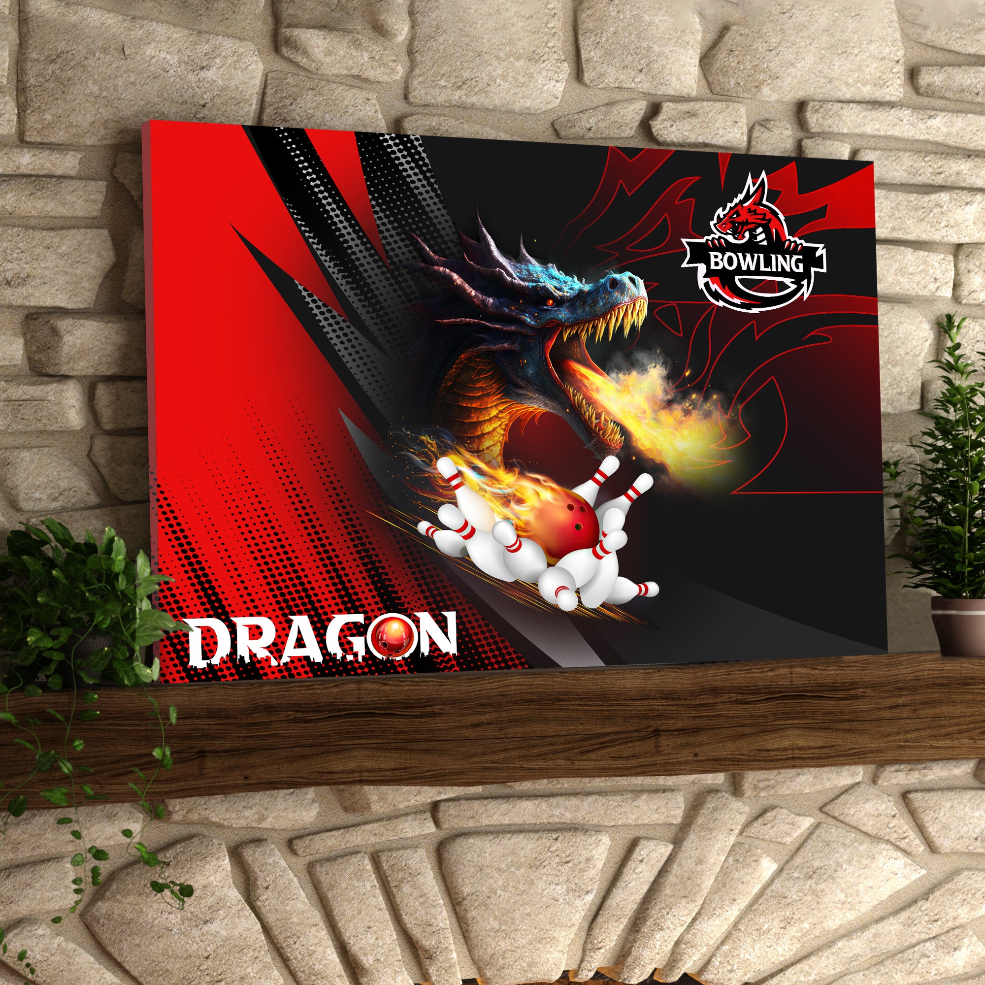 Dragon Team Red Bowling Ball On Fire Graphic Printed Canvas Bowl Game Living Room Decor Gift For Bowlers