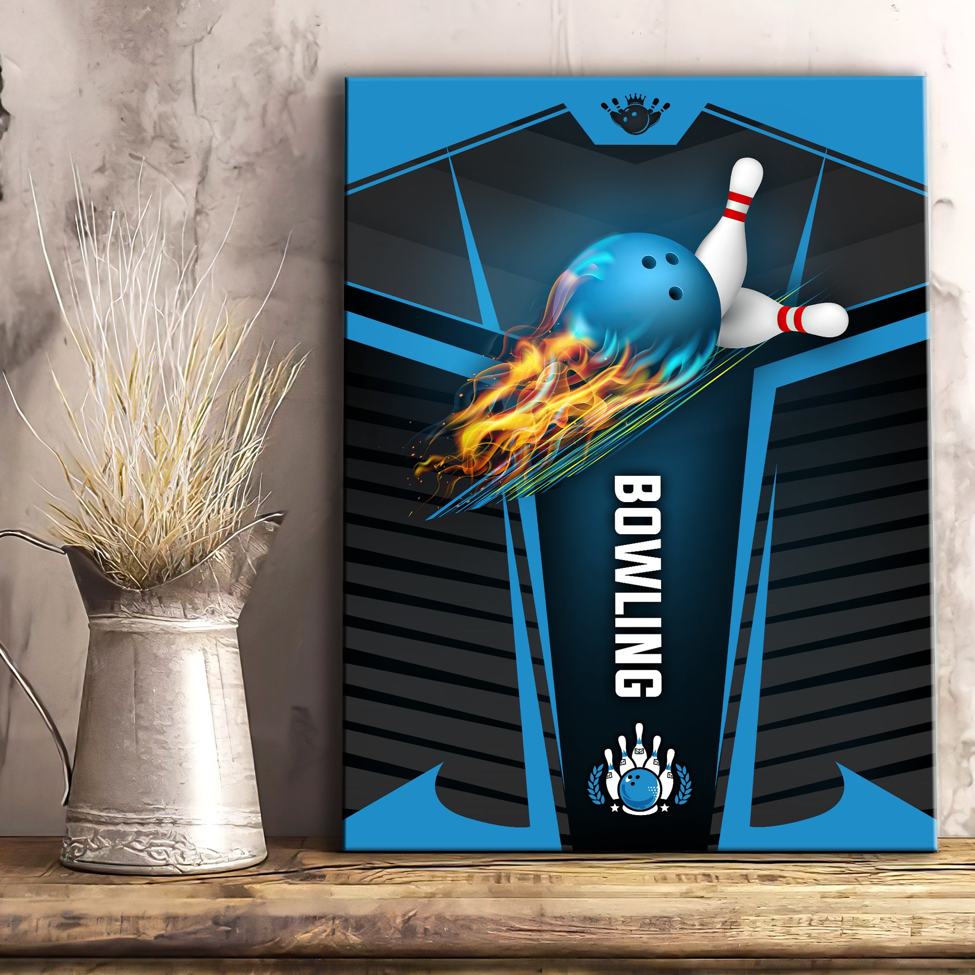 The Blue Bowling Ball In Flames Breaks White Skittles Graphic Printed Vertical Canvas Bowl Game Living Room Decor Gift For Bowlers