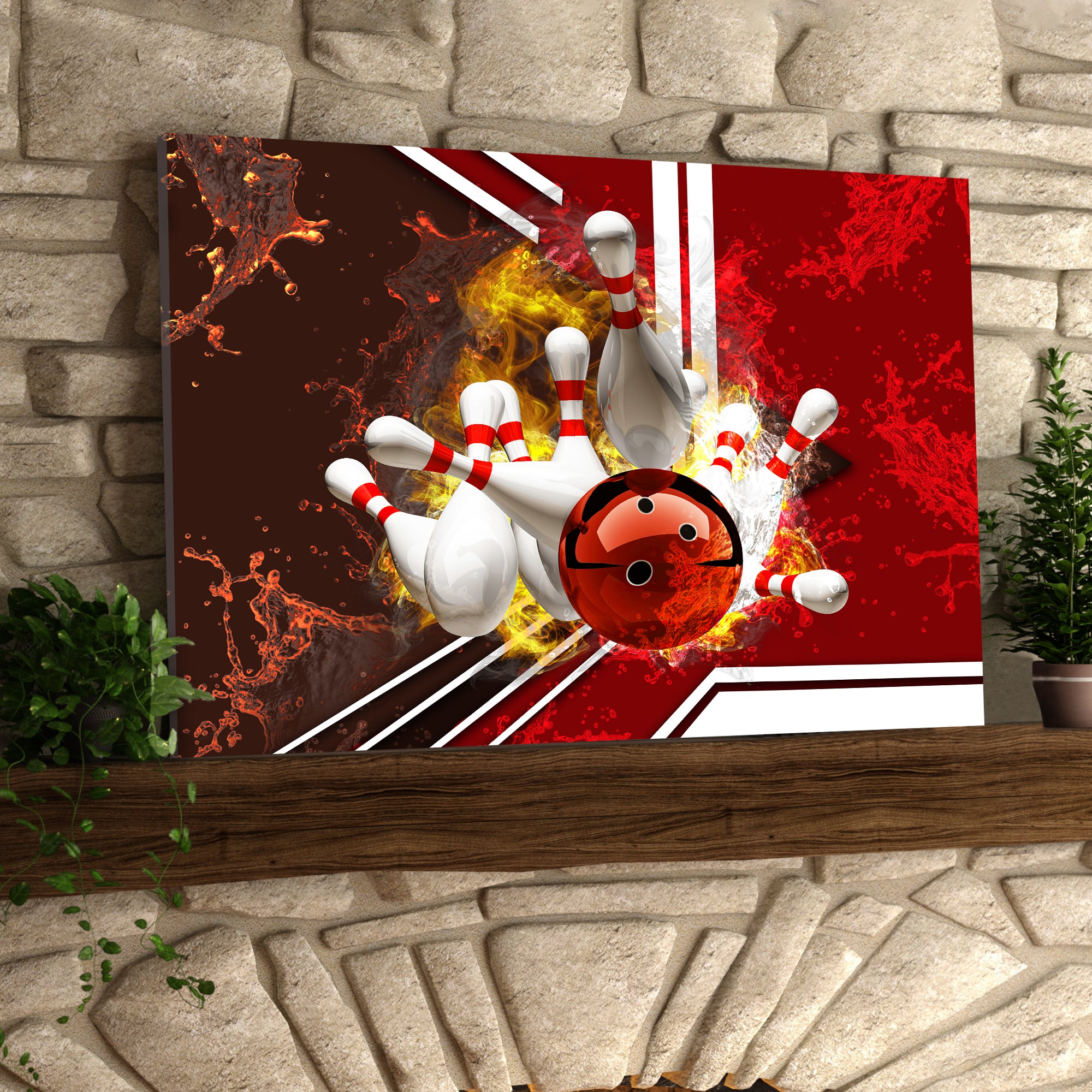 Red Bowling Ball On Fire Crashing Pins Graphic Printed Canvas Bowl Game Living Room Decor Gift For Bowlers