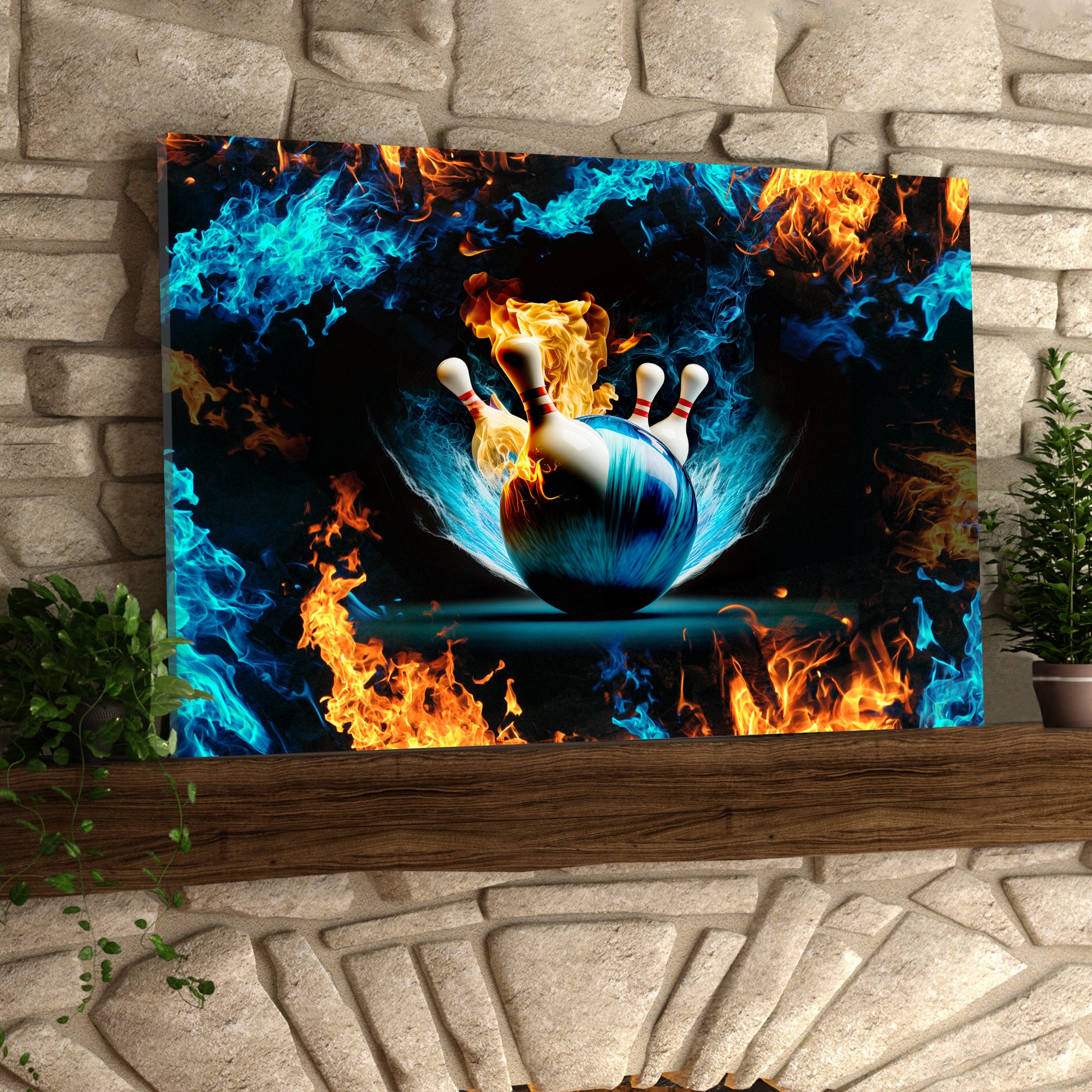 Blue Bowling Ball And Pins On Fire Graphic Printed Canvas Bowl Game Living Room Decor Gift For Bowlers