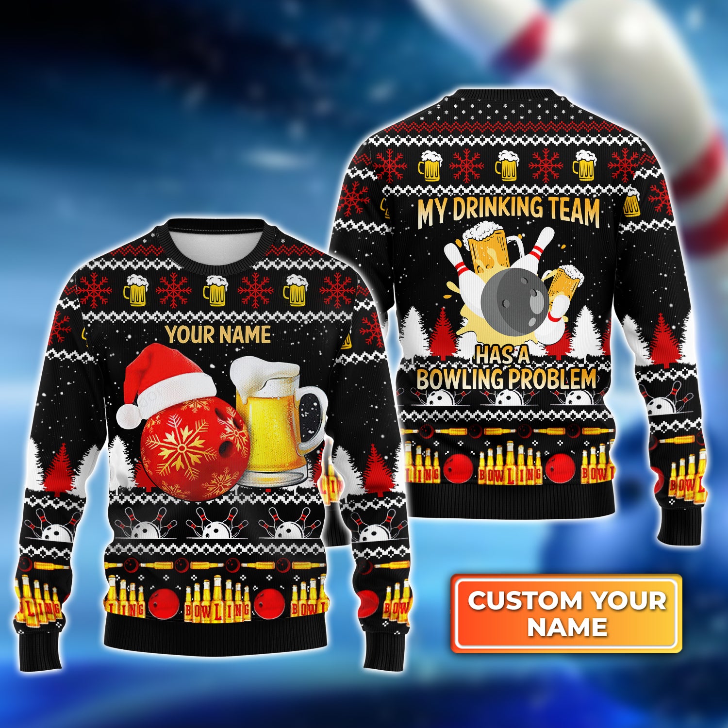 Bowling And Beer Lovers Gift Ugly Christmas Personalized 3D Shirts Design Sweater, Christmas Gift, Pes Lovers