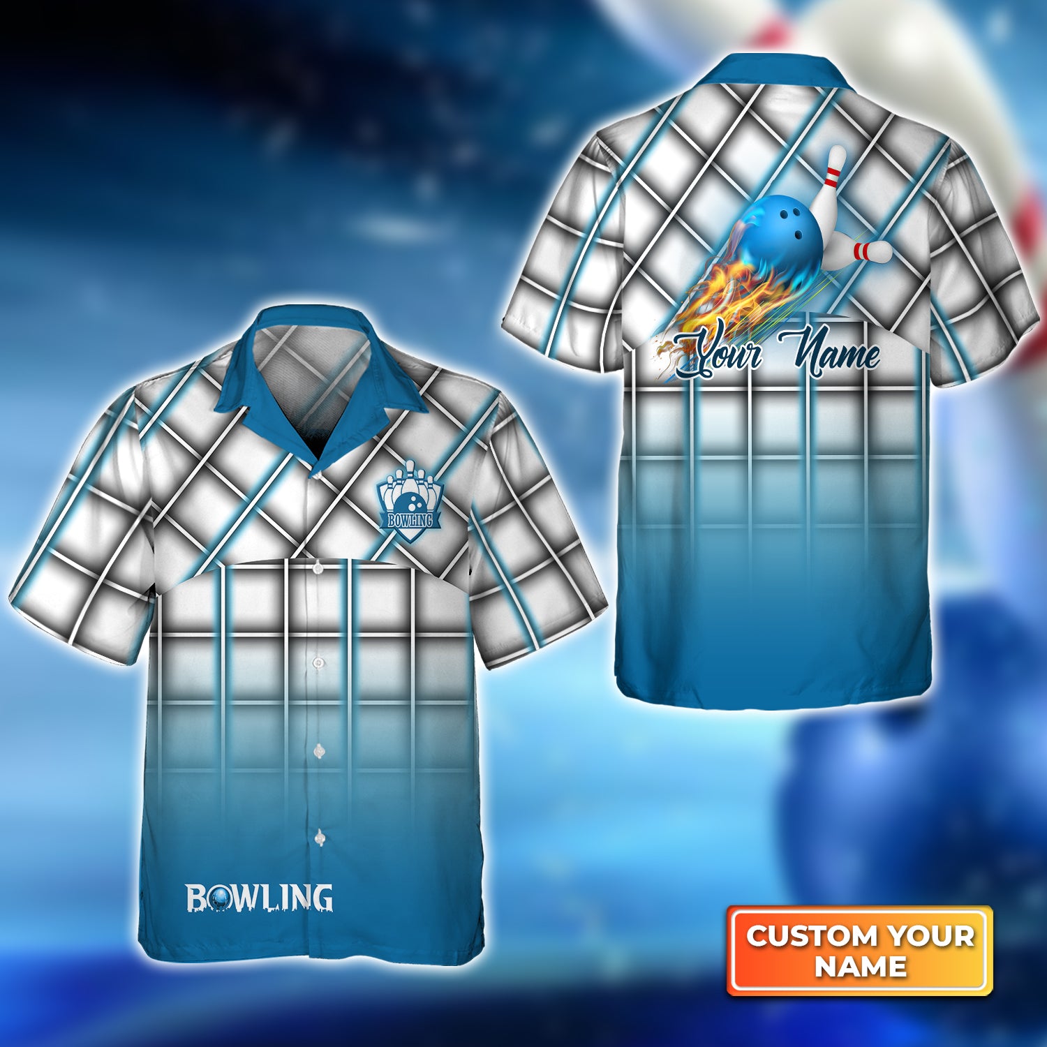 Blue Bowling Ball And Pins On Fire Gingham Plaid Pattern Personalized Name 3D Hawaiian Shirt QB95