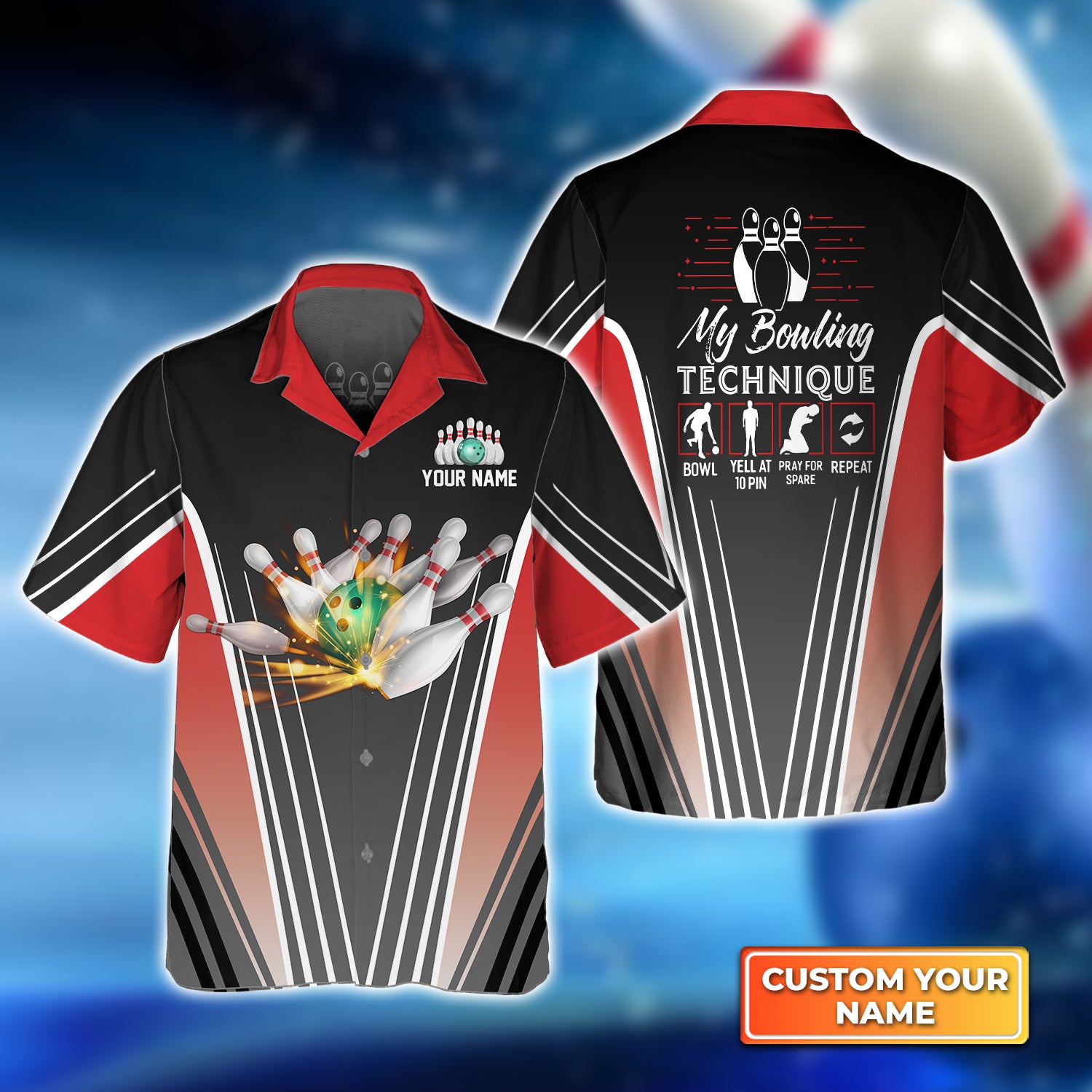 Bowling In Red My Bowling Technique Personalized Name 3D Hawaiian Shirt QB95