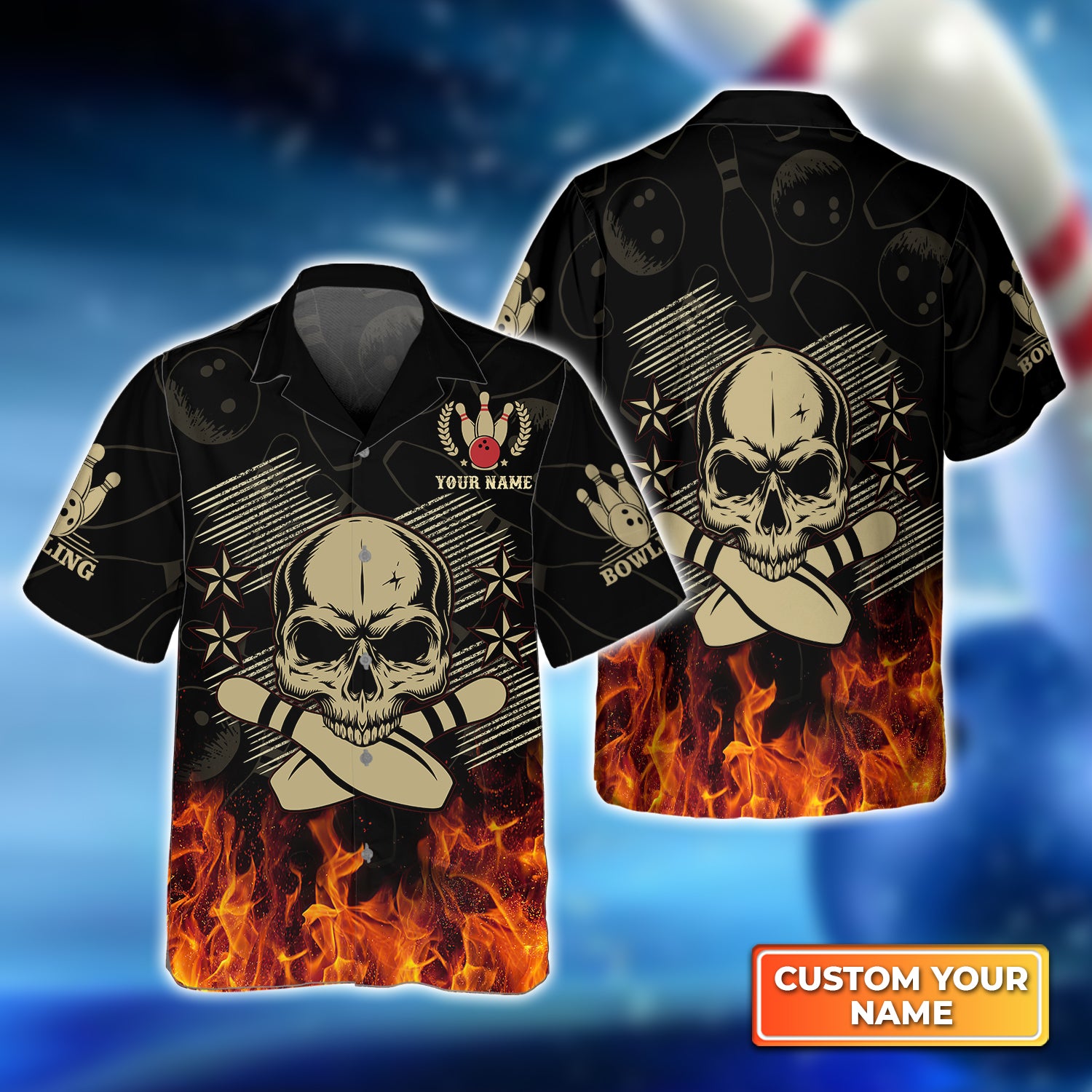 Skull Bowling In Fire Personalized Name 3D Hawaiian Shirt QB95