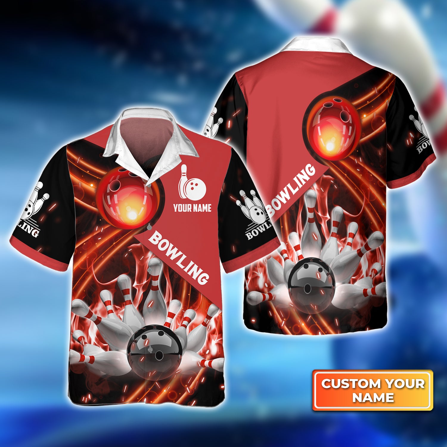 Red Bowling Ball In Fire Personalized Name 3D Hawaiian Shirt QB95