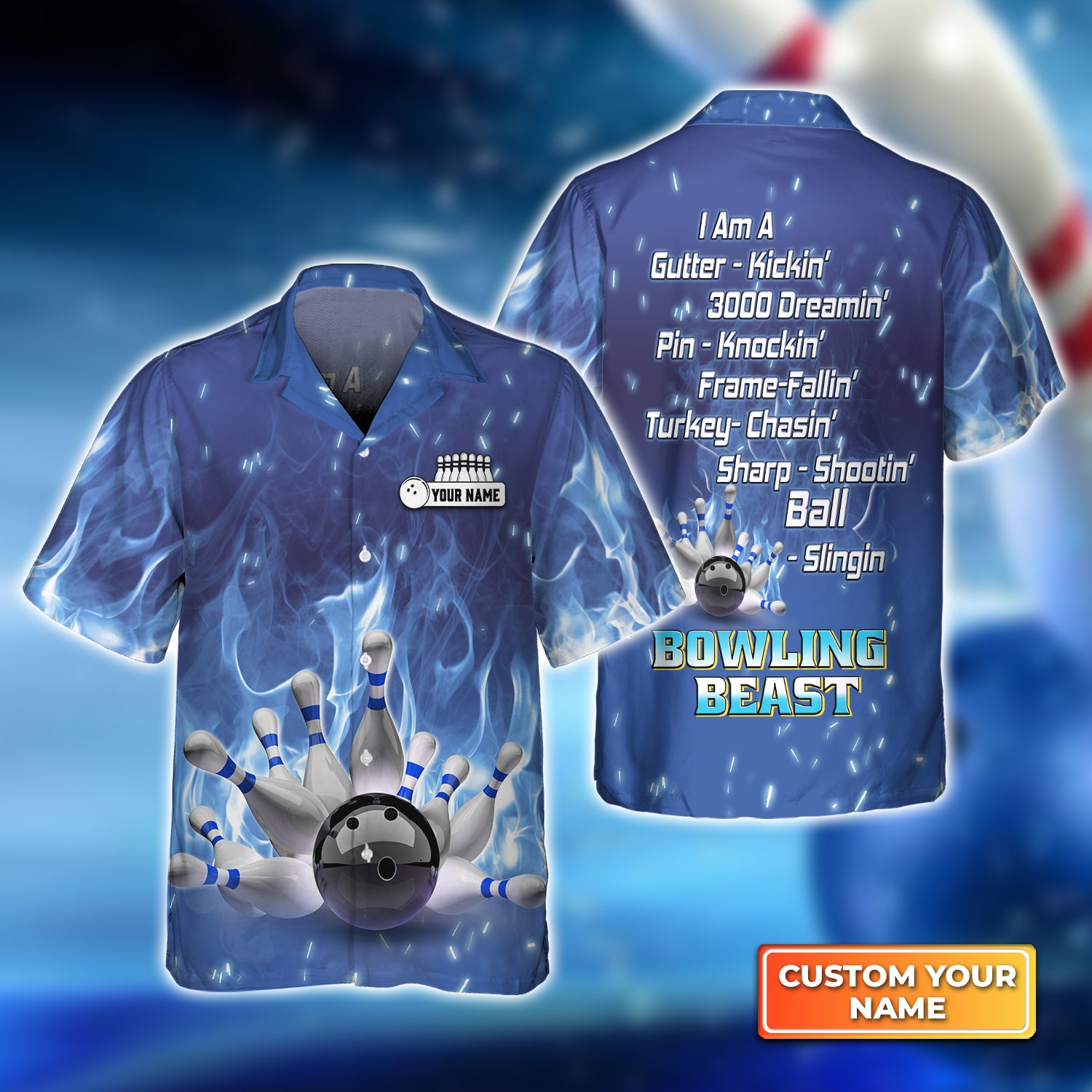 Bowling On Blue Fire Bowling Beast Personalized Name 3D Hawaiian Shirt QB95