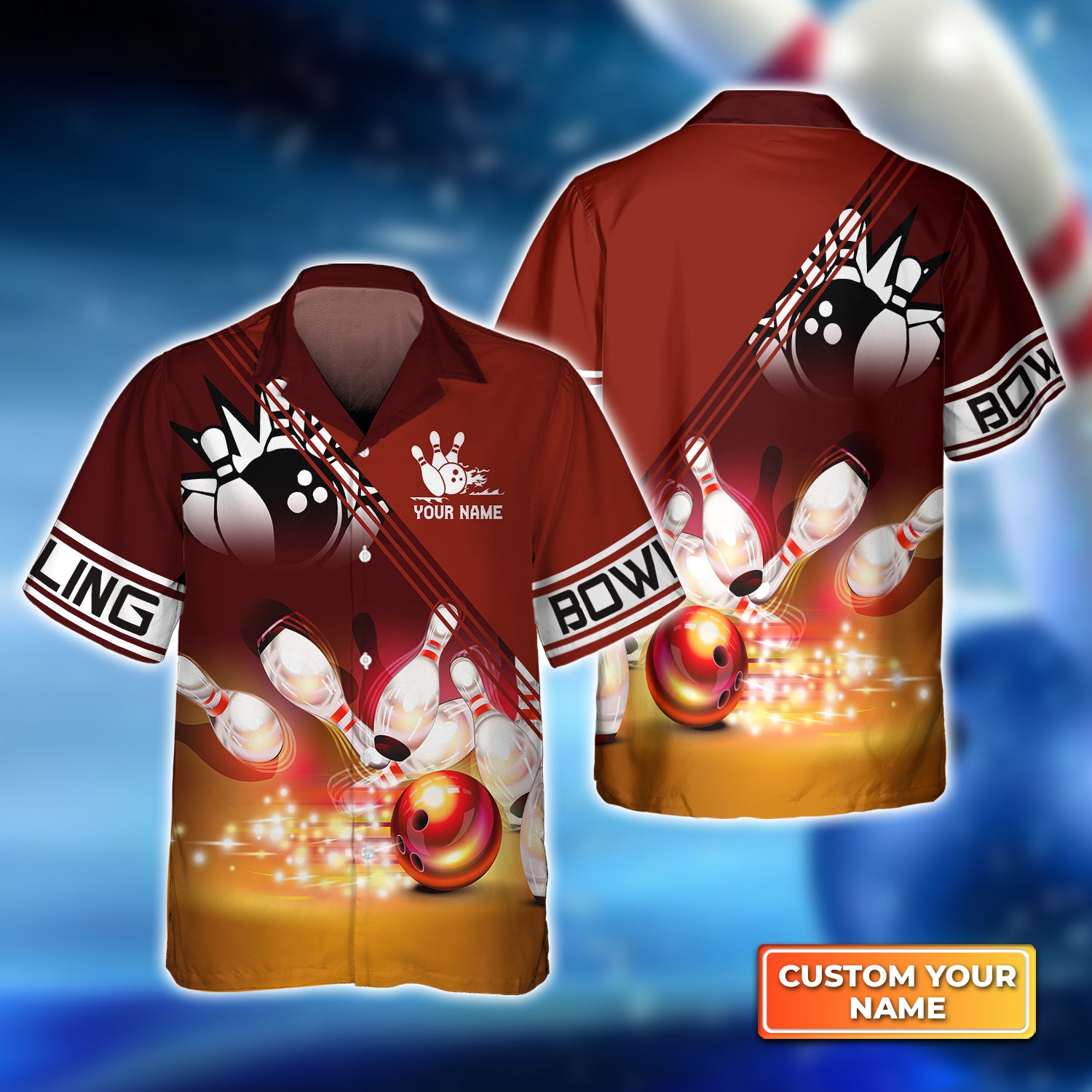 Red Bowling Ball Crashing into the Pins Personalized Name 3D Hawaiian Shirt QB95