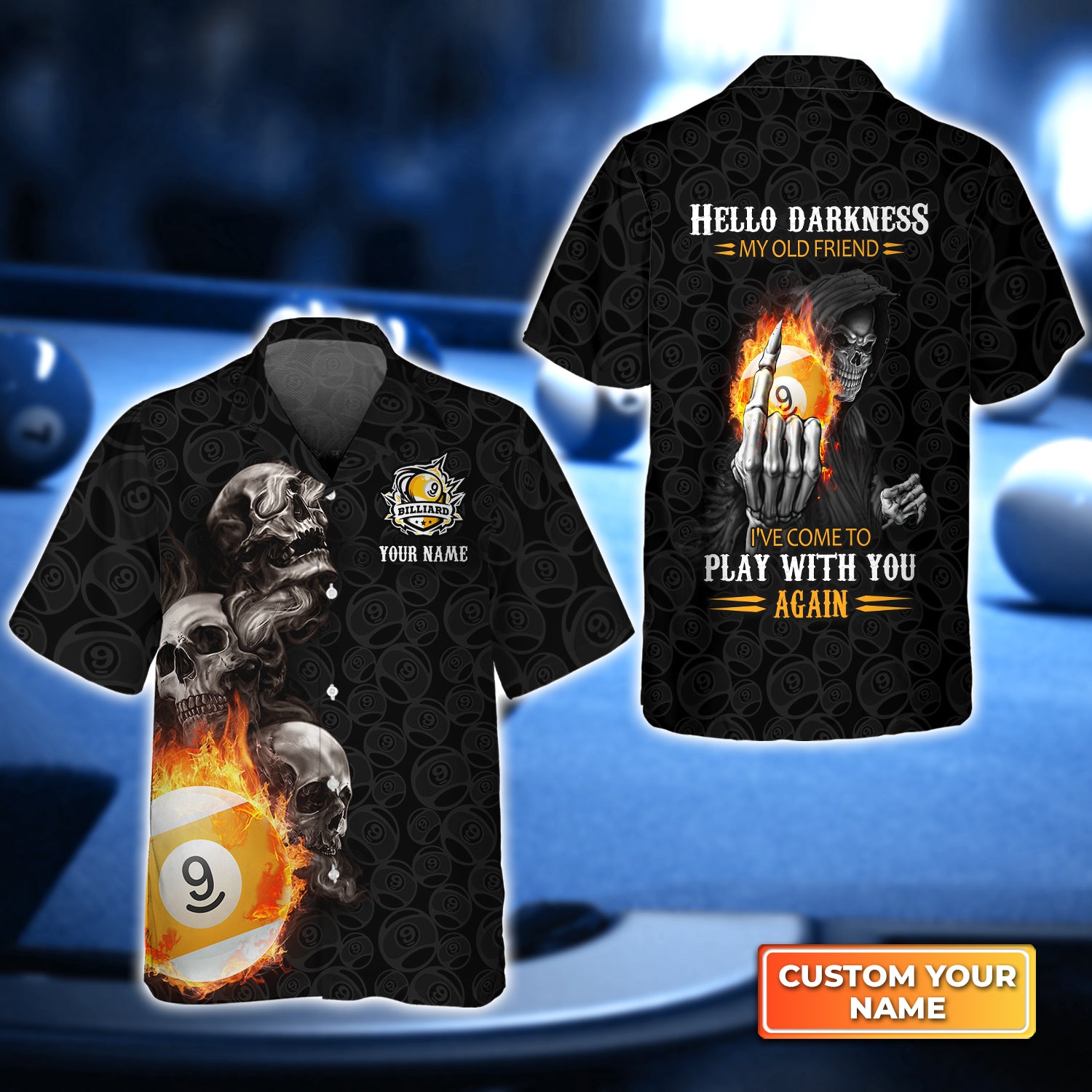 Skull Reaper Billiard Pool 9 Ball Hello Darkness My Old Friend Personalized Name 3D Hawaiian Shirt For Billiard Players QB95