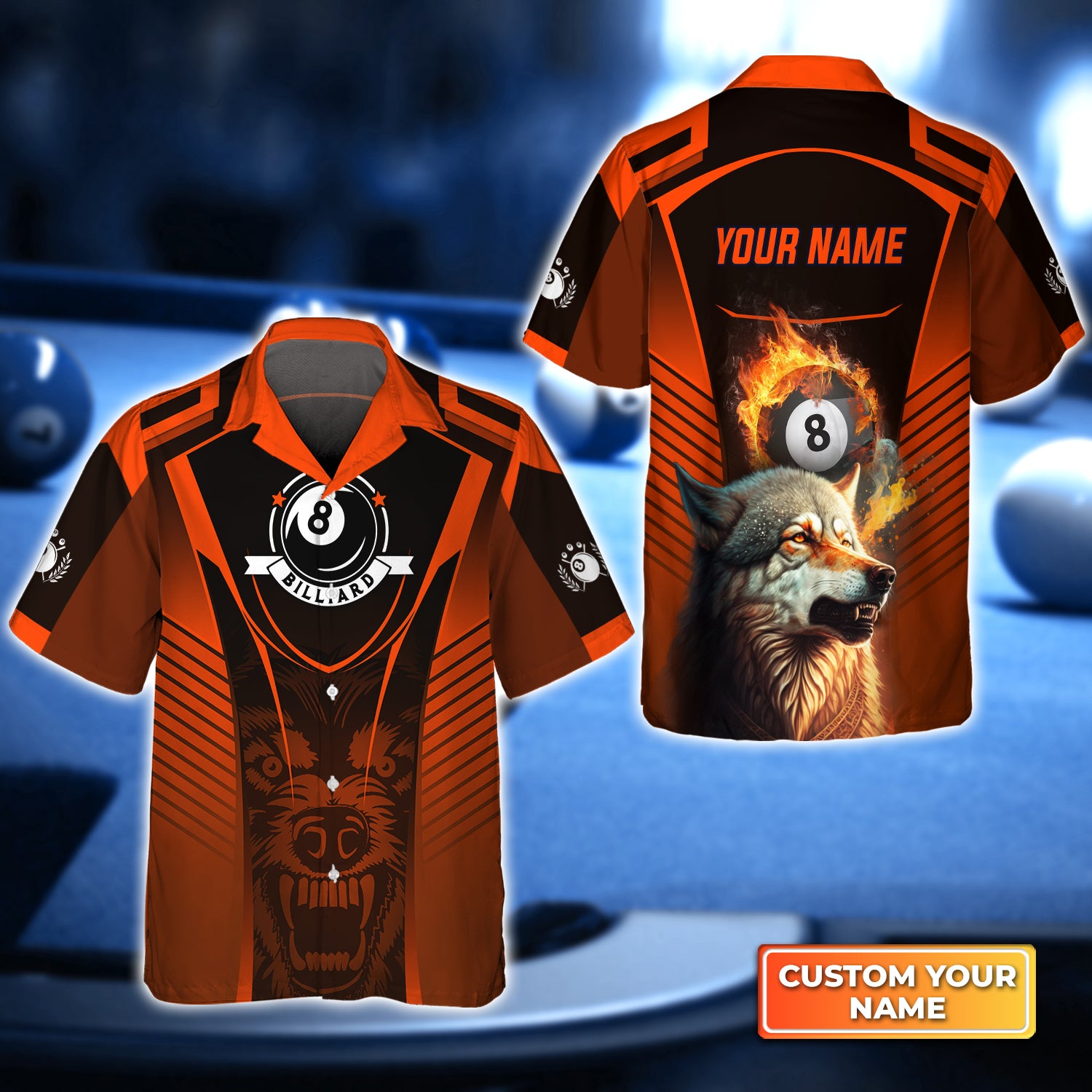 Orange Wolf Billiard Pool 8 Ball Team Personalized Name 3D Hawaiian Shirt For Billiard Players QB95