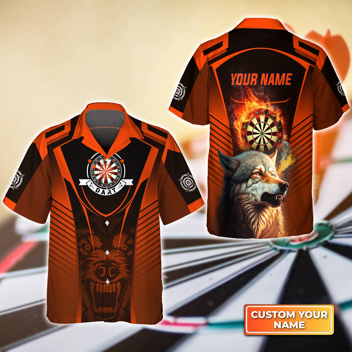 Orange Wolf Dartboard Personalized Name 3D Hawaiian Shirt For Billiard Players QB95